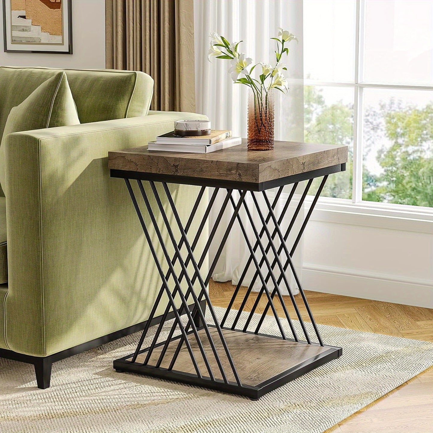 Square Side Table Gray Black End Table 2-Tier End Table Modern Bedside Table Small Side Table with Storage for Couch, Sofa Side Table with Metal Frame for Living Room