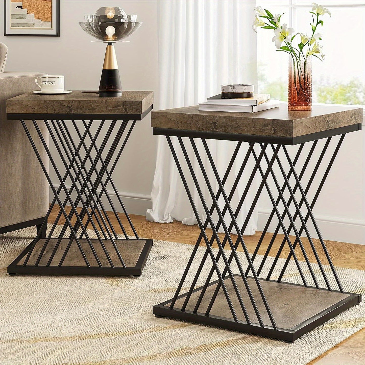 Square Side Table Gray Black End Table 2-Tier End Table Modern Bedside Table Small Side Table with Storage for Couch, Sofa Side Table with Metal Frame for Living Room