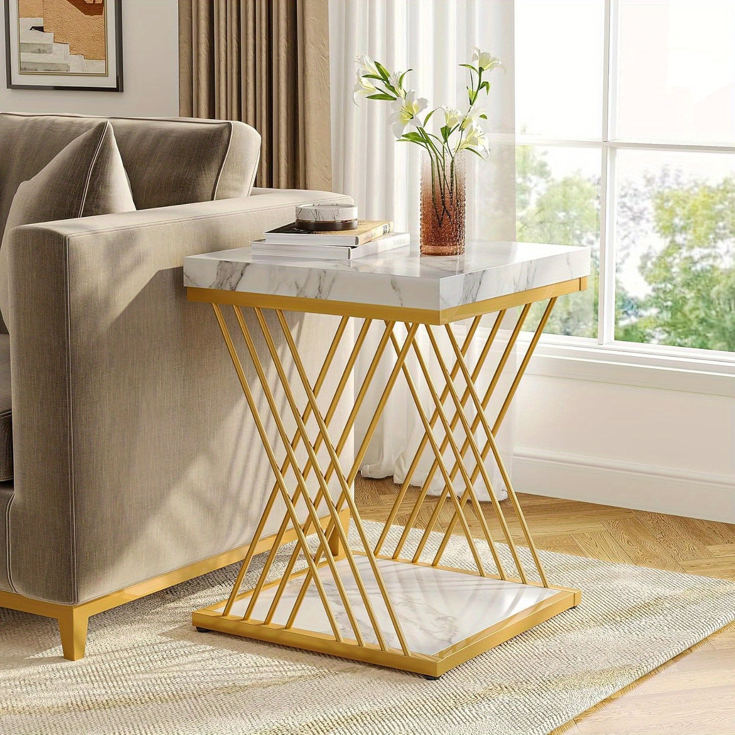 Square Side Table Gray Black End Table 2-Tier End Table Modern Bedside Table Small Side Table with Storage for Couch, Sofa Side Table with Metal Frame for Living Room