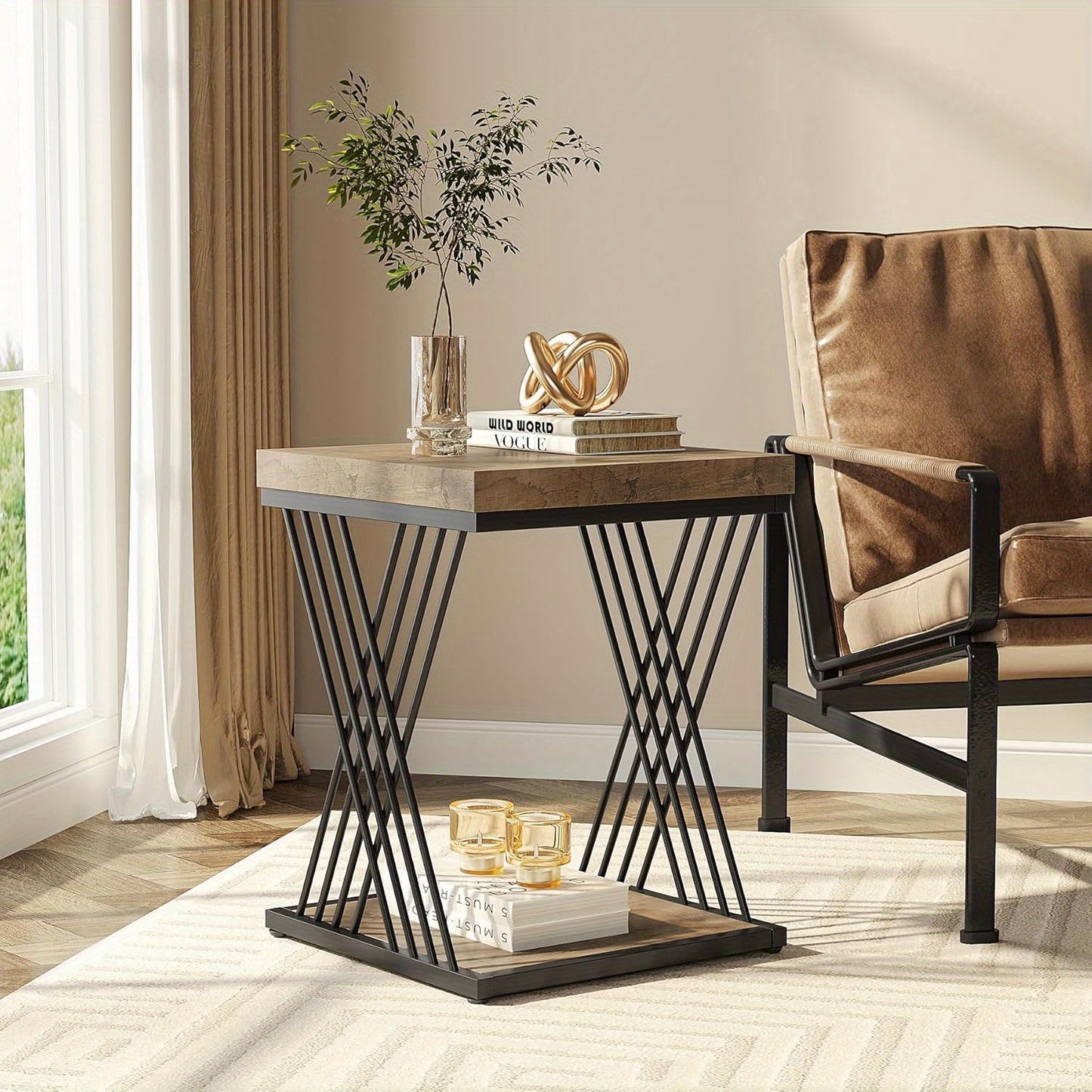 Square Side Table Gray Black End Table 2-Tier End Table Modern Bedside Table Small Side Table with Storage for Couch, Sofa Side Table with Metal Frame for Living Room