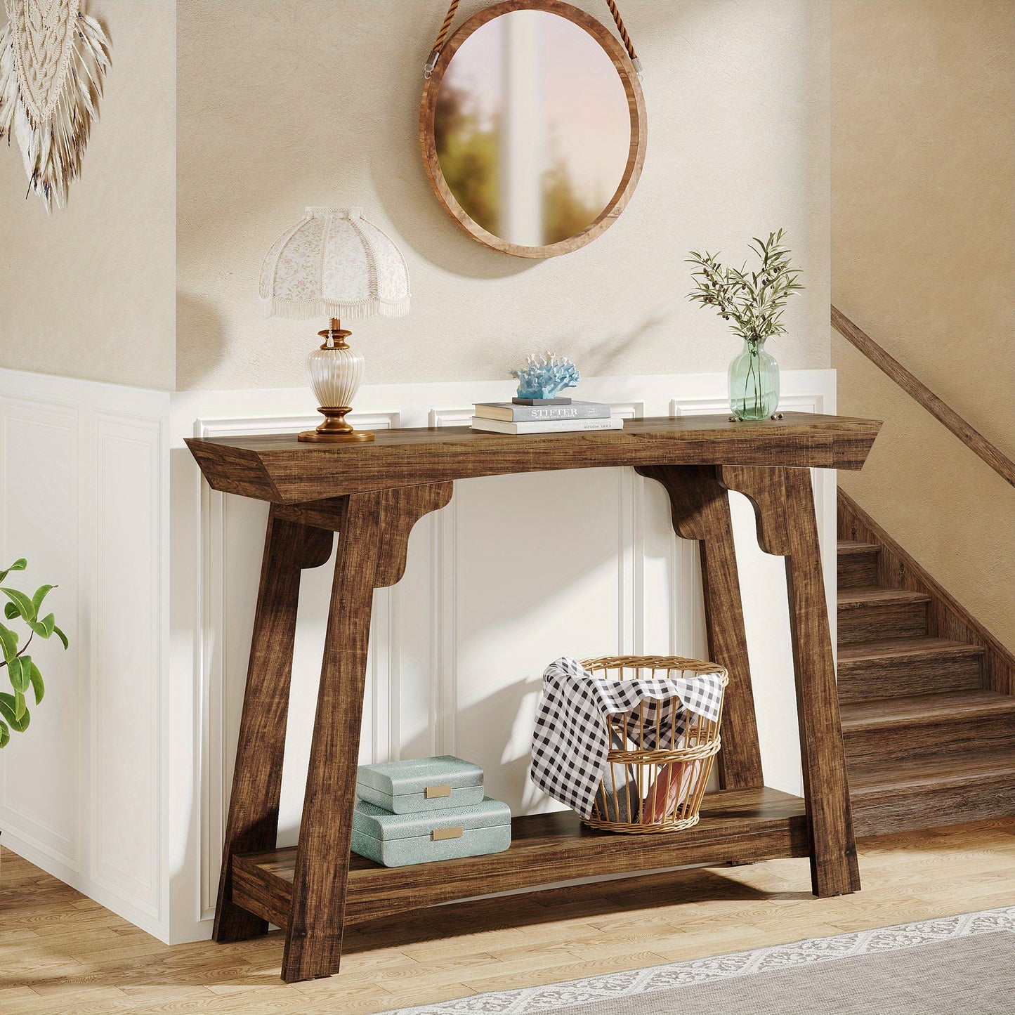 41 Inch Console Table, Farmhouse Two Tier Sofa Table Entry Table with Storage Shelves and Adjustable Feet