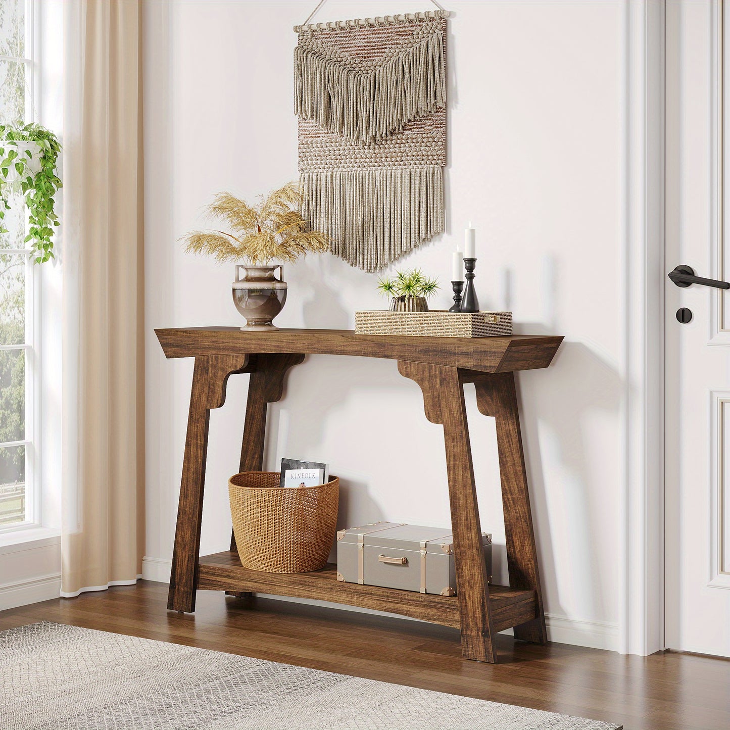 41 Inch Console Table, Farmhouse Two Tier Sofa Table Entry Table with Storage Shelves and Adjustable Feet