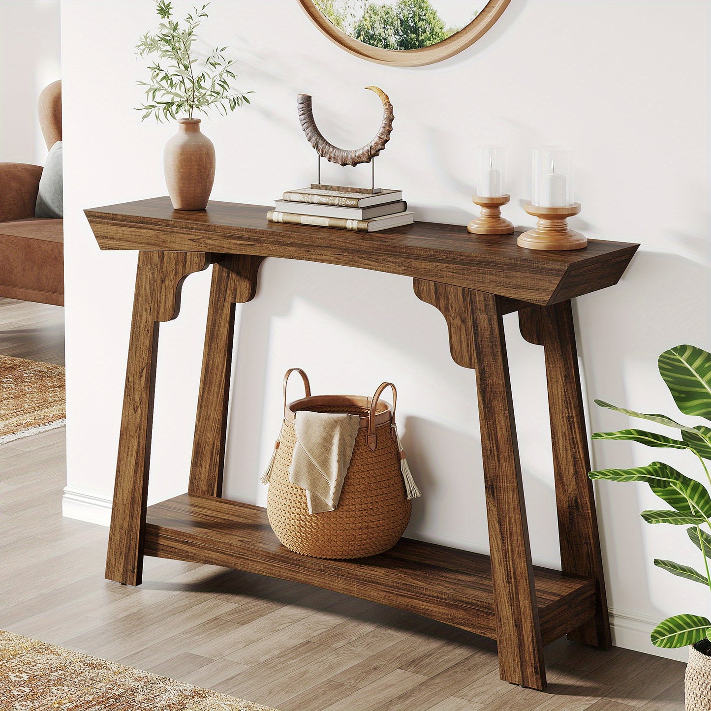 41 Inch Console Table, Farmhouse Two Tier Sofa Table Entry Table with Storage Shelves and Adjustable Feet