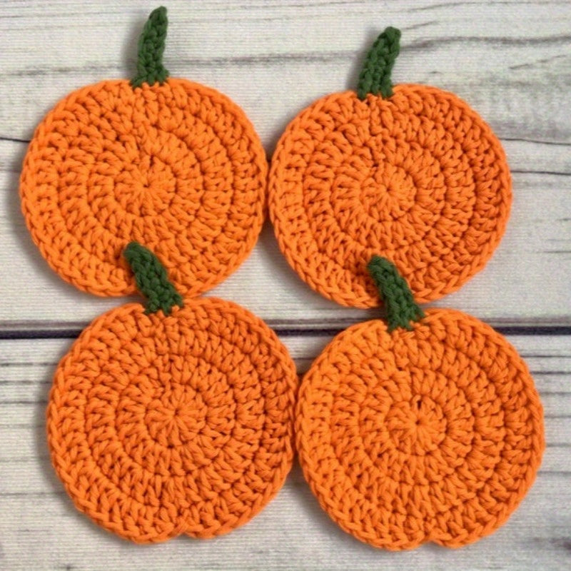 Autumn Crochet Pumpkin Coasters - Set of 4, Fabric Handmade Drink Pads, Fall Farmhouse Decoration, Thanksgiving Table Accessory, Halloween Kitchen Gift.