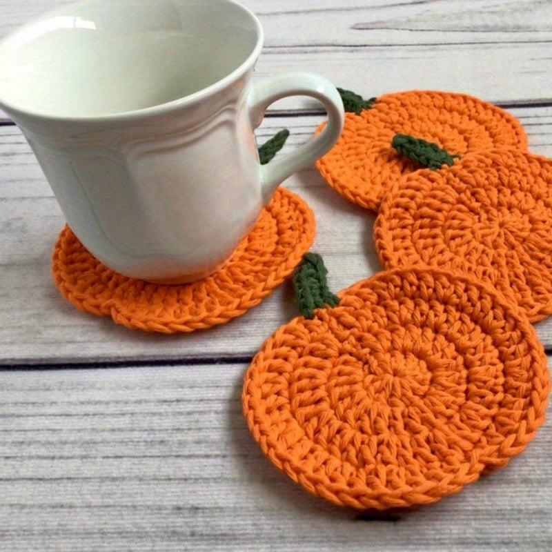 Autumn Crochet Pumpkin Coasters - Set of 4, Fabric Handmade Drink Pads, Fall Farmhouse Decoration, Thanksgiving Table Accessory, Halloween Kitchen Gift.