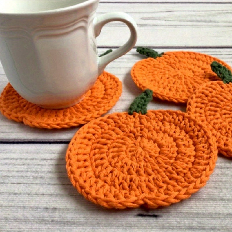 Autumn Crochet Pumpkin Coasters - Set of 4, Fabric Handmade Drink Pads, Fall Farmhouse Decoration, Thanksgiving Table Accessory, Halloween Kitchen Gift.