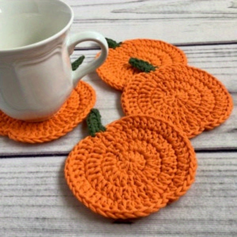 Autumn Crochet Pumpkin Coasters - Set of 4, Fabric Handmade Drink Pads, Fall Farmhouse Decoration, Thanksgiving Table Accessory, Halloween Kitchen Gift.