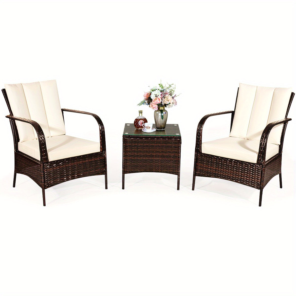 Multigot 3 PCS Patio Rattan Furniture Set Coffee Table & 2 Rattan Chair W/White Cushions