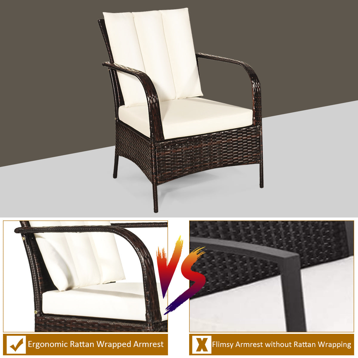 Multigot 3 PCS Patio Rattan Furniture Set Coffee Table & 2 Rattan Chair W/White Cushions