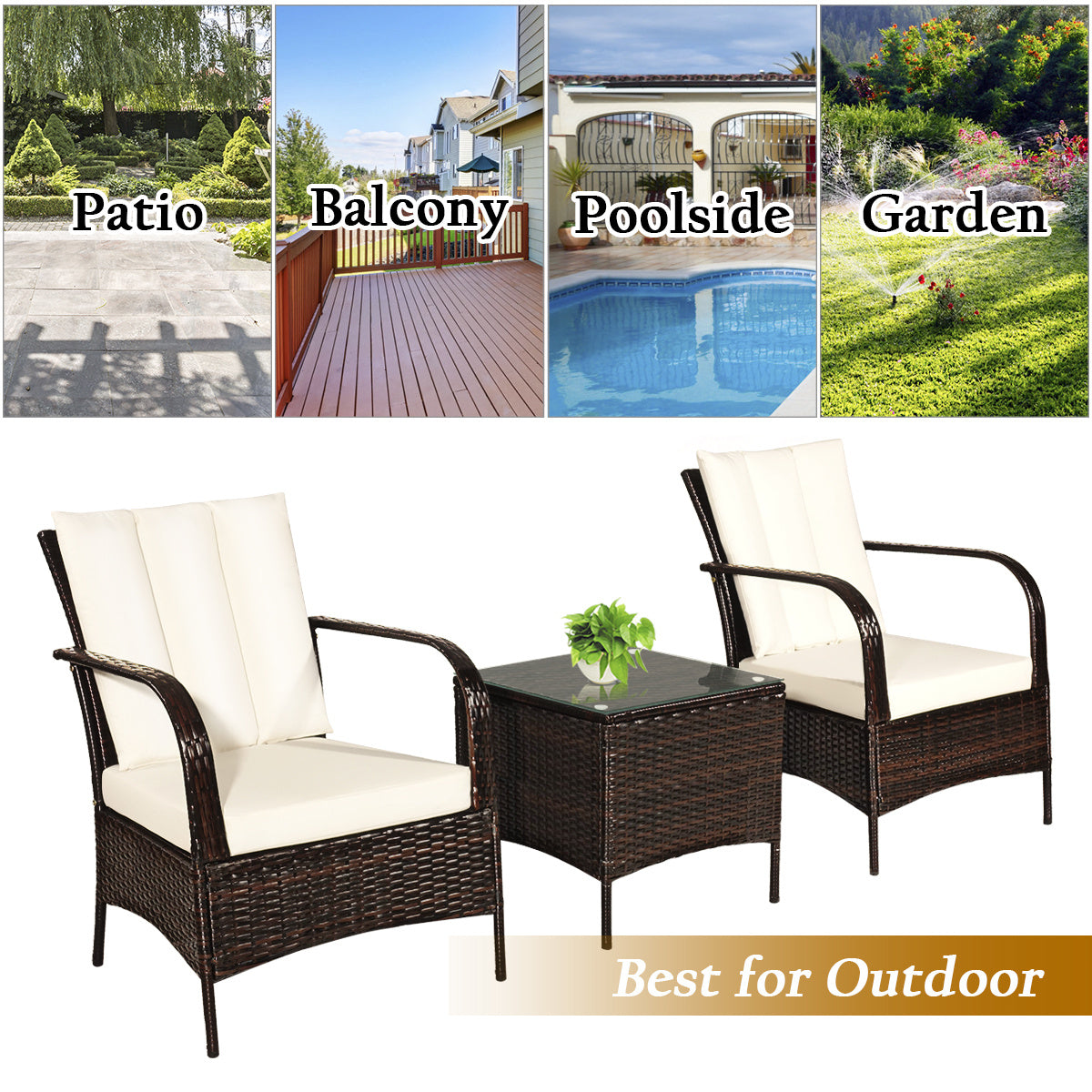 Multigot 3 PCS Patio Rattan Furniture Set Coffee Table & 2 Rattan Chair W/White Cushions