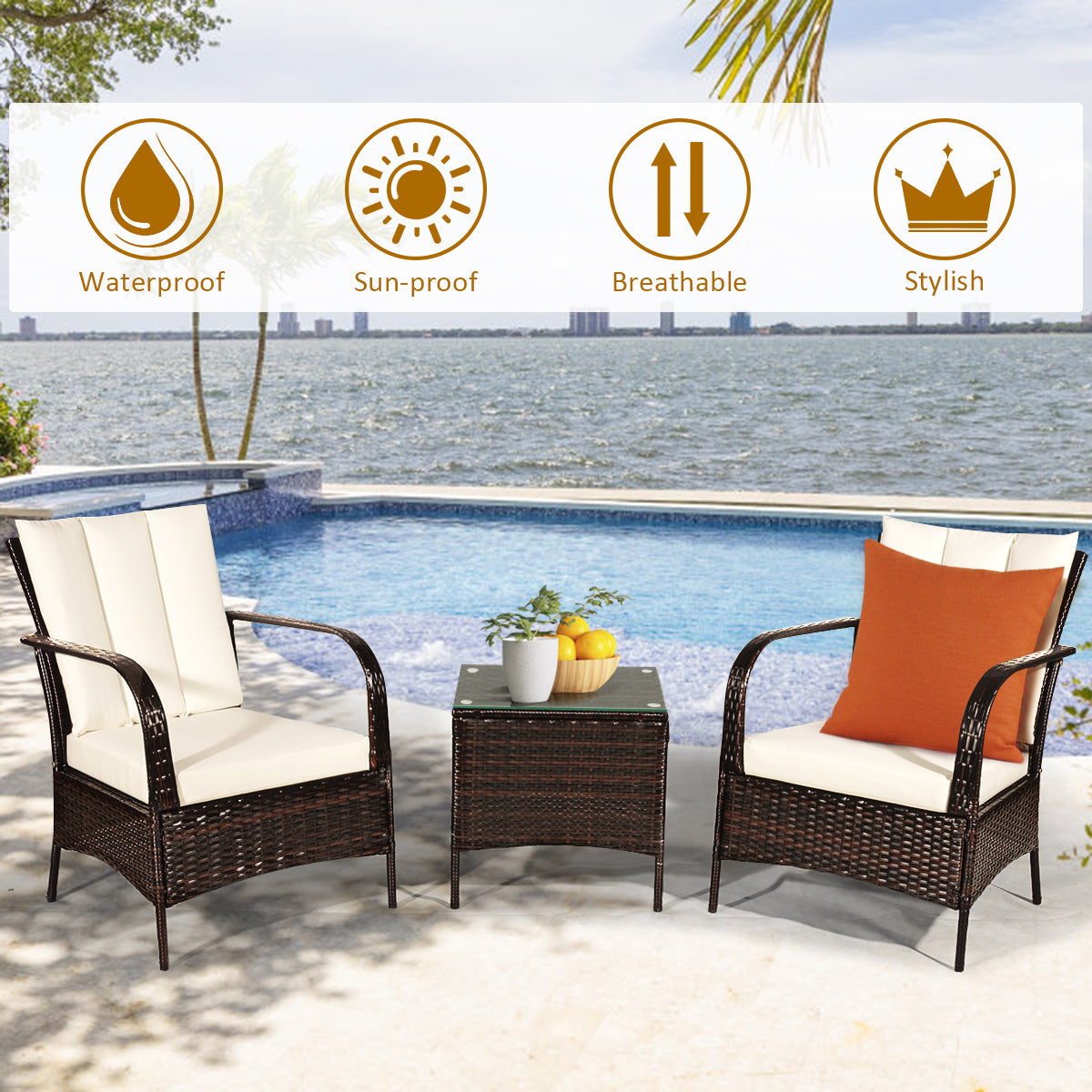 Multigot 3 PCS Patio Rattan Furniture Set Coffee Table & 2 Rattan Chair W/White Cushions