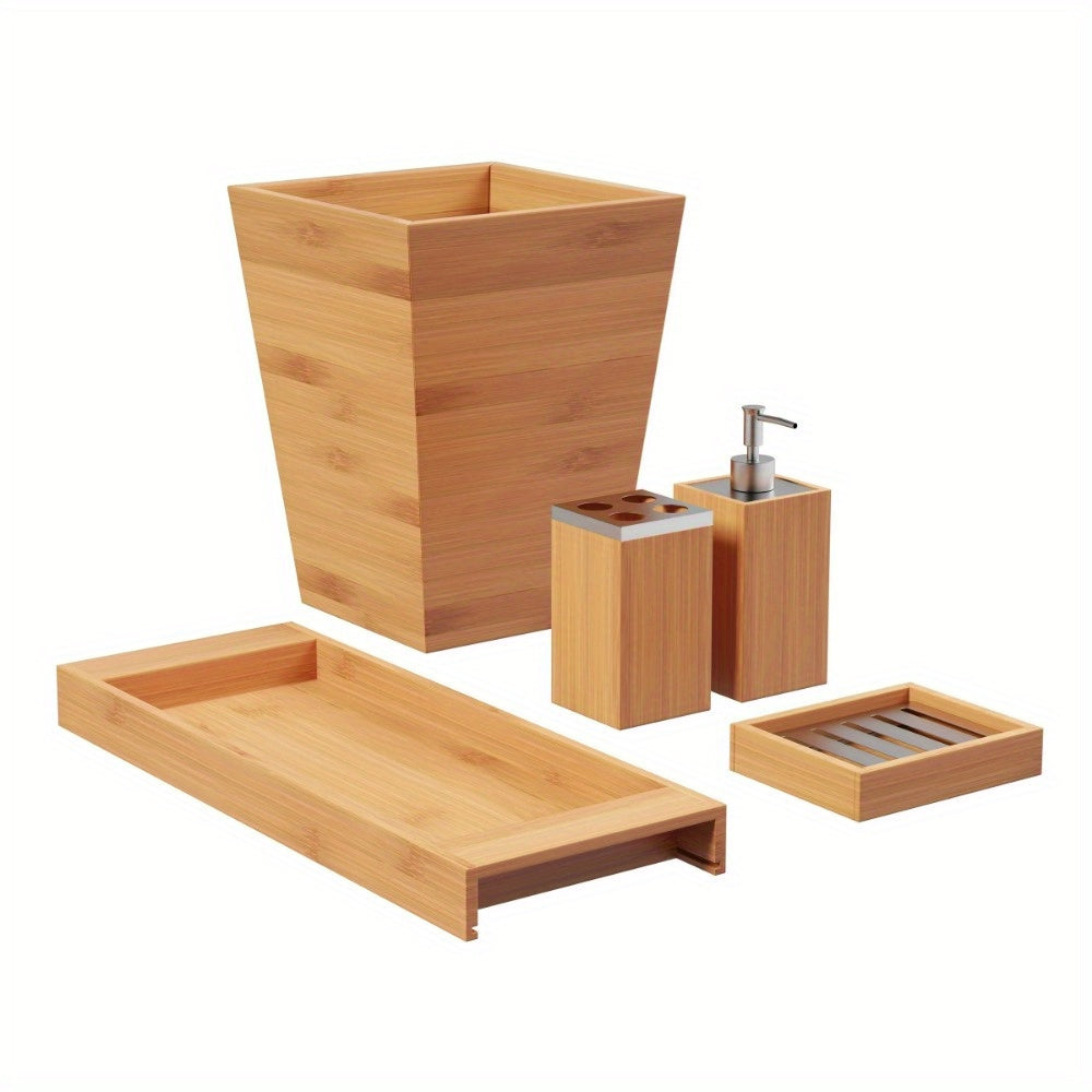 Bamboo Bath Accessories-5-Piece Set Natural Wood Tray, Lotion Dispenser, Soap Dish, Toothbrush Holder, Wastebasket-Bathroom and Vanity