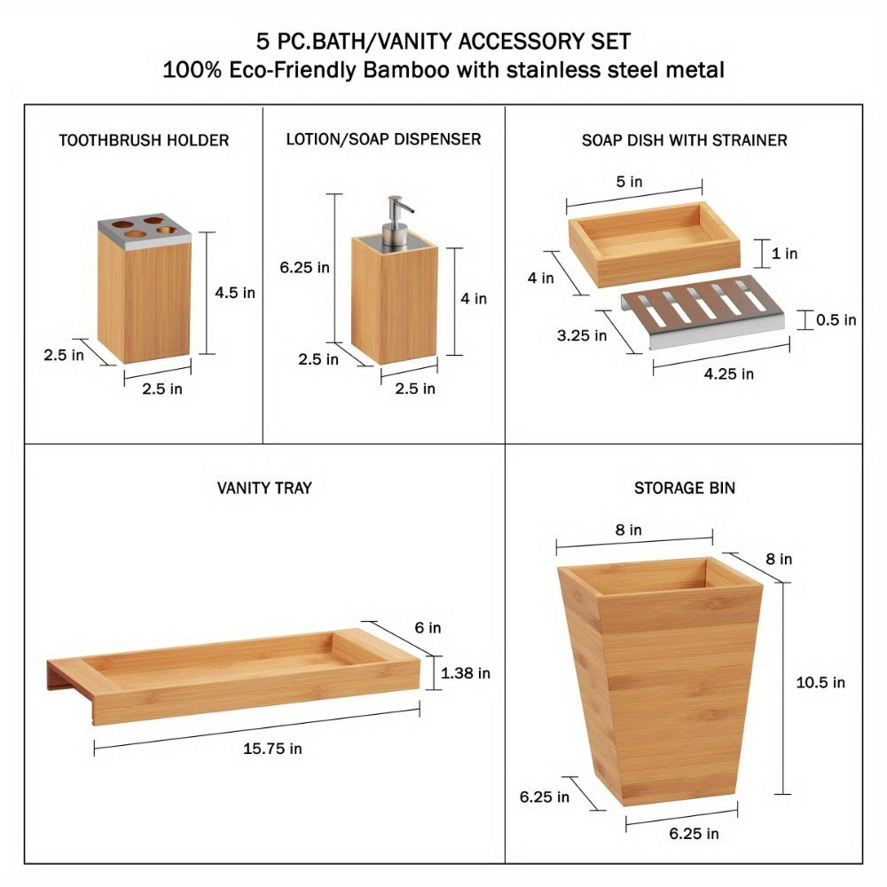 Bamboo Bath Accessories-5-Piece Set Natural Wood Tray, Lotion Dispenser, Soap Dish, Toothbrush Holder, Wastebasket-Bathroom and Vanity