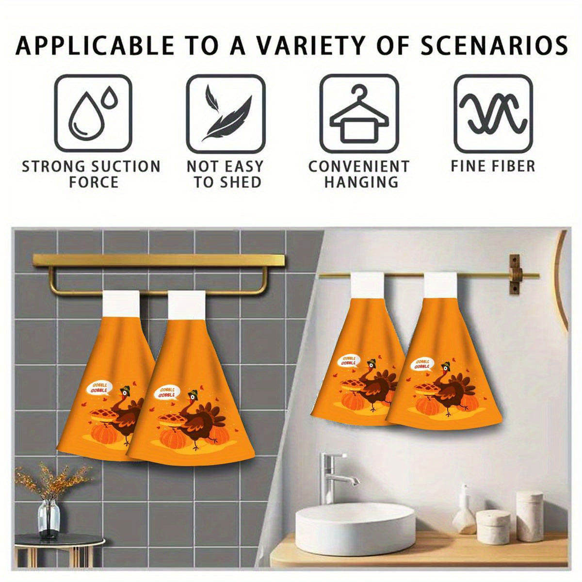 2pcs Thanksgiving Turkey Hand Towels, Soft and Durable Polyester Kitchen Dishcloths, Modern Cartoon Style, Lightweight, Easy Hanging, for Home, Bathroom, and Kitchen Decor, Perfect for Women, Moms, Grandmas, Apt Decor, Housew