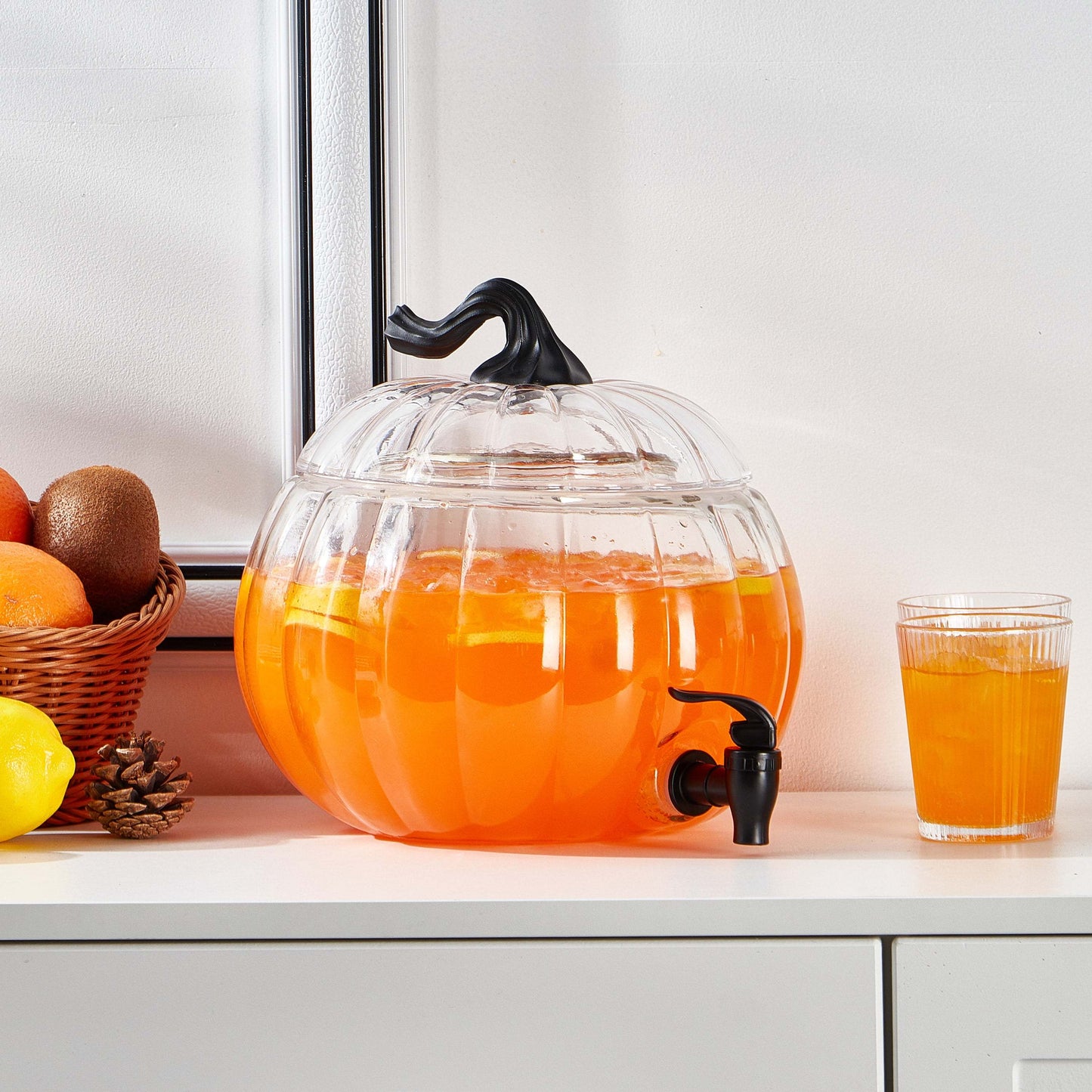 [Fast Arrival] 1.5 Gallon Large Capacity Clear Glass Pumpkin Shaped Beverage Dispenser - Iced Beverage Dispensers for Outdoor Parties and Events - Durable, Easy to Clean, and Space-Saving Design