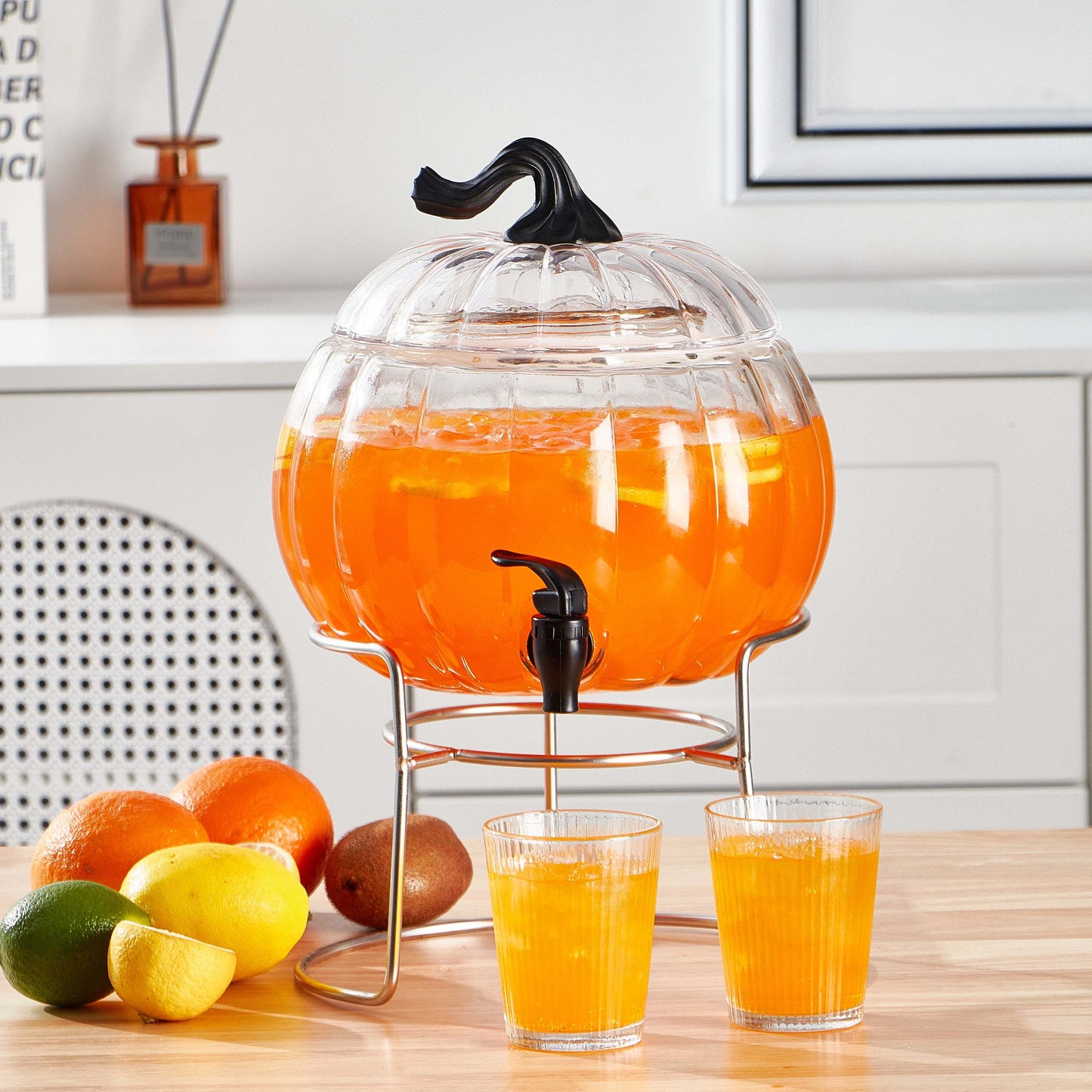 [Fast Arrival] 1.5 Gallon Large Capacity Clear Glass Pumpkin Shaped Beverage Dispenser - Iced Beverage Dispensers for Outdoor Parties and Events - Durable, Easy to Clean, and Space-Saving Design