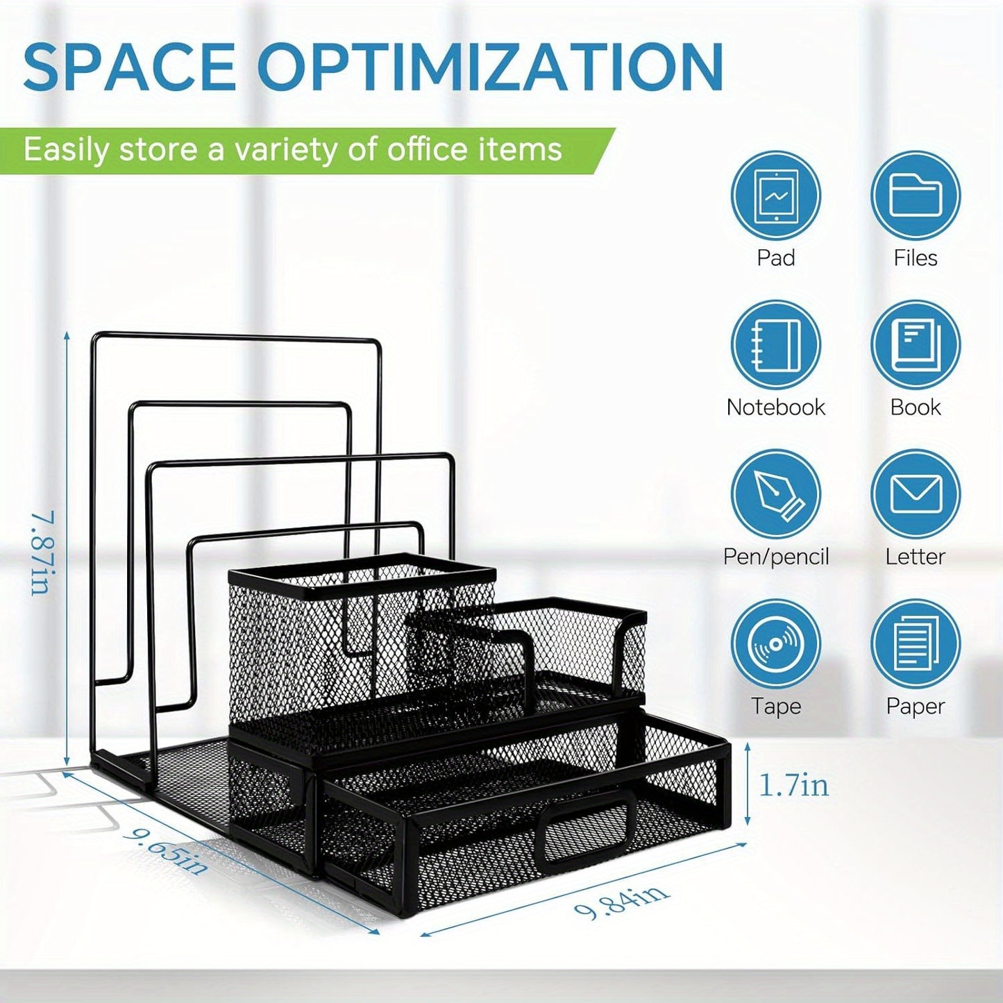 Desk Organizer with Drawers and File Sorter, Mesh Desktop Organizers and Accessories with 2 Compartments, Office Desk Organization for Office, Home, Black