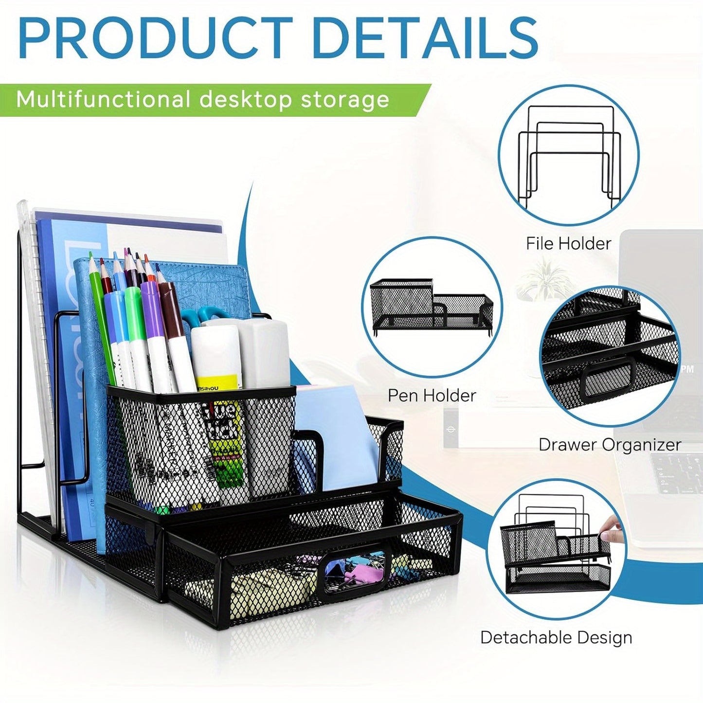 Desk Organizer with Drawers and File Sorter, Mesh Desktop Organizers and Accessories with 2 Compartments, Office Desk Organization for Office, Home, Black