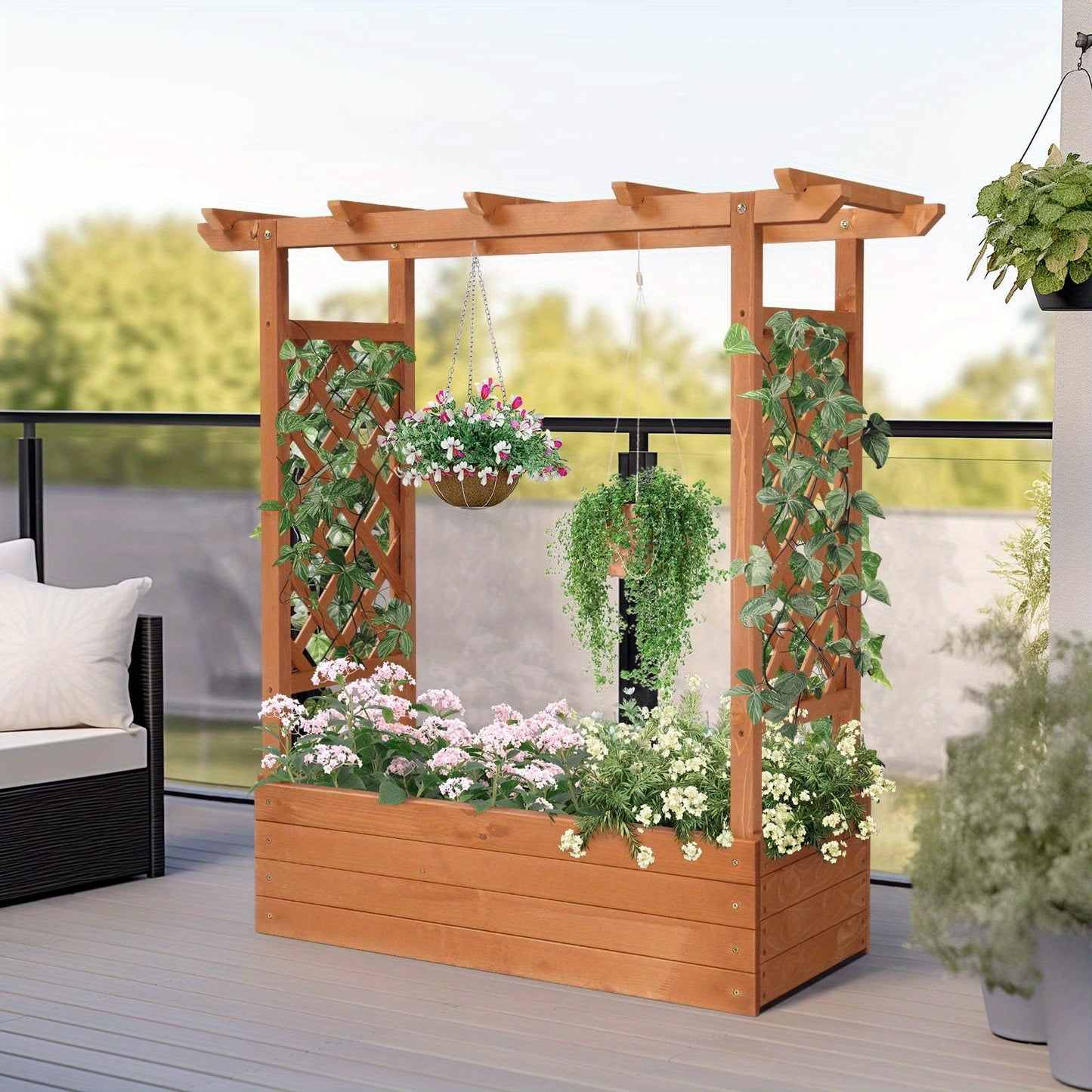 Outdoor Wooden Planter Box Hanging Planter & Climbing Plants for Patio Garden