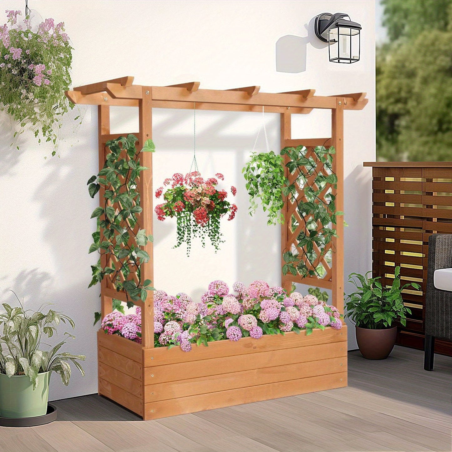 Outdoor Wooden Planter Box Hanging Planter & Climbing Plants for Patio Garden