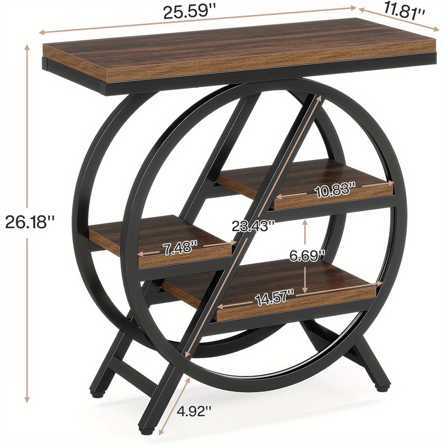 End Table for Reception room, 3-Tier Narrow Side Table with Storage, Wood Sofa Side Table with Geometric Metal Frame, Industrial Nightstand and Bedside Table for Bedroom