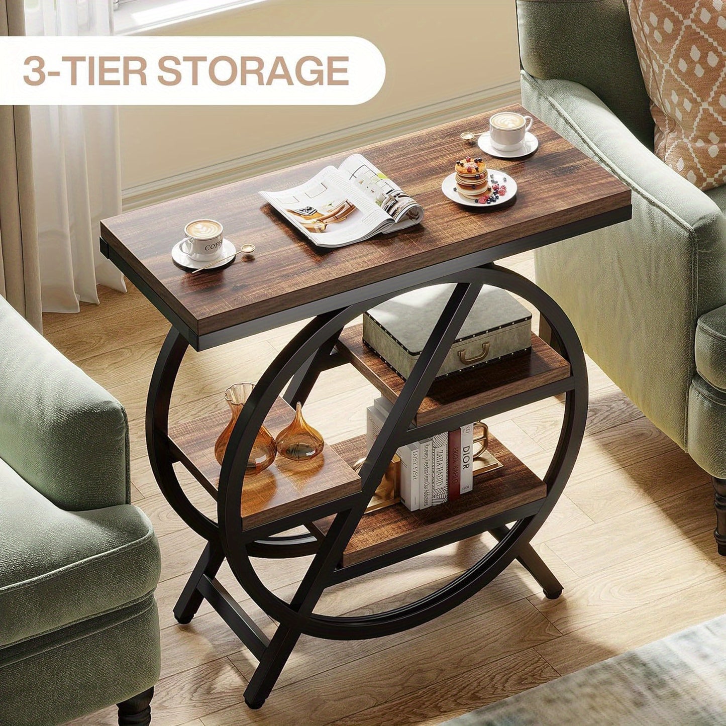 End Table for Reception room, 3-Tier Narrow Side Table with Storage, Wood Sofa Side Table with Geometric Metal Frame, Industrial Nightstand and Bedside Table for Bedroom