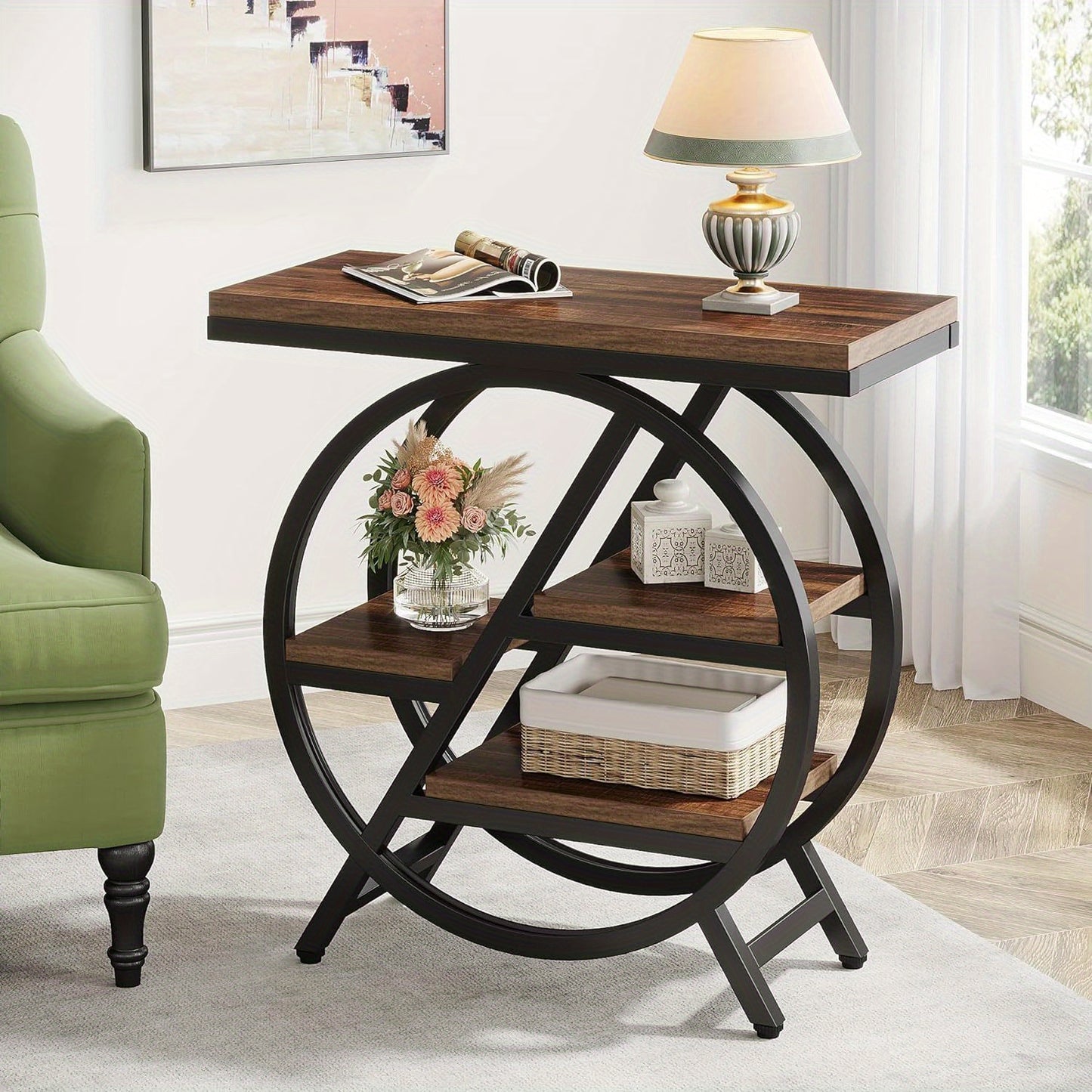 End Table for Reception room, 3-Tier Narrow Side Table with Storage, Wood Sofa Side Table with Geometric Metal Frame, Industrial Nightstand and Bedside Table for Bedroom