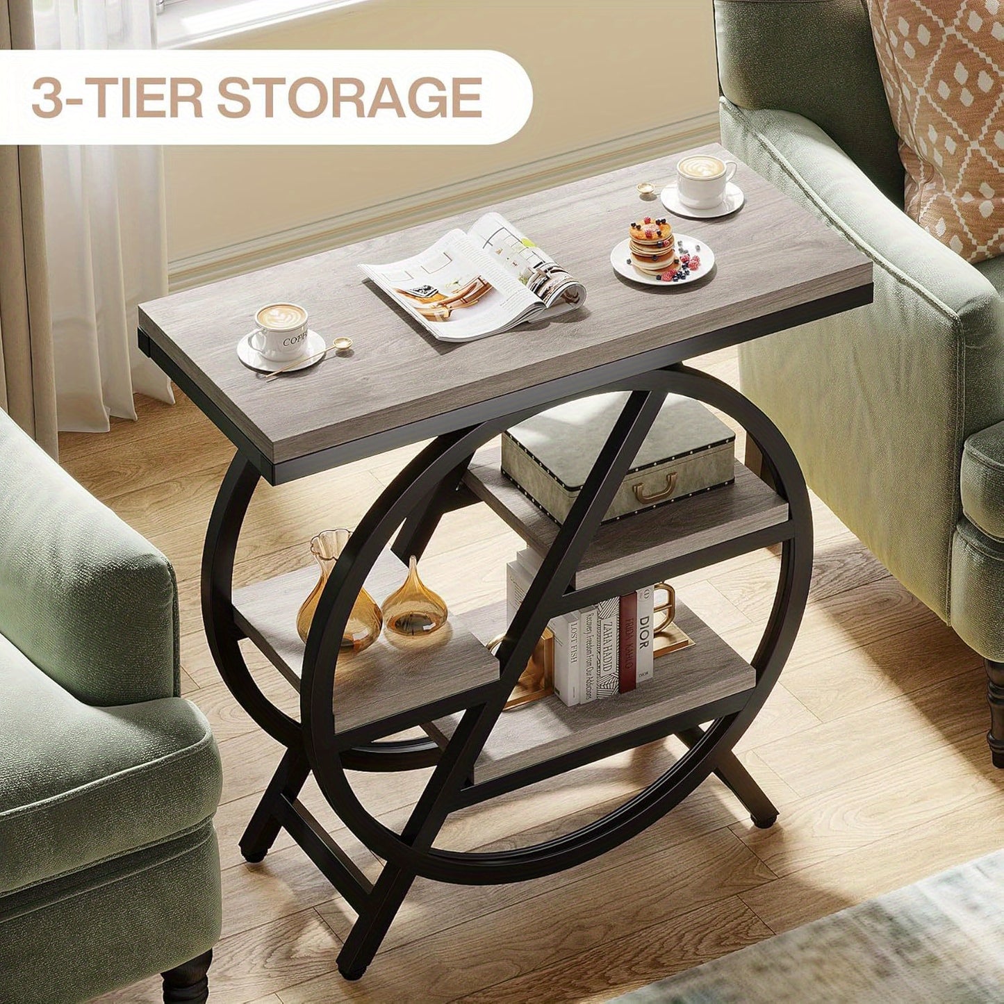 End Table for Reception room, 3-Tier Narrow Side Table with Storage, Wood Sofa Side Table with Geometric Metal Frame, Industrial Nightstand and Bedside Table for Bedroom