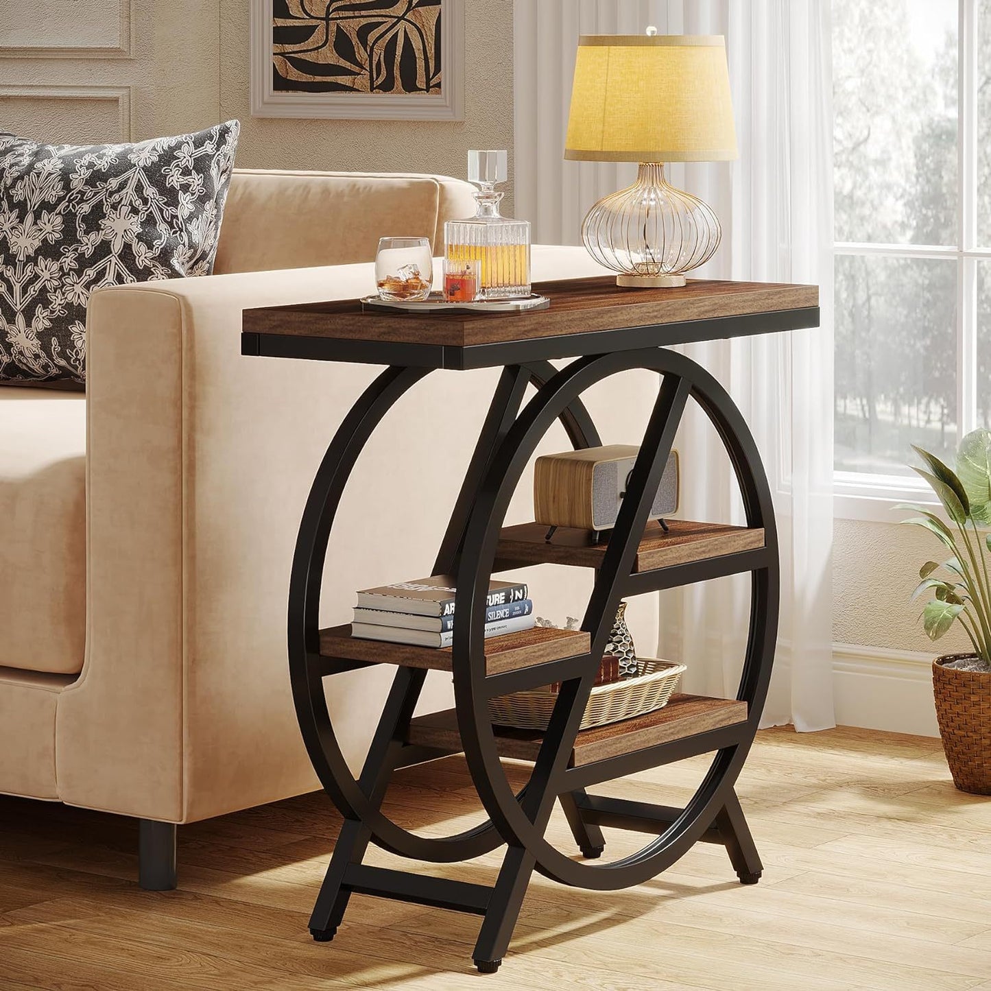 End Table for Reception room, 3-Tier Narrow Side Table with Storage, Wood Sofa Side Table with Geometric Metal Frame, Industrial Nightstand and Bedside Table for Bedroom