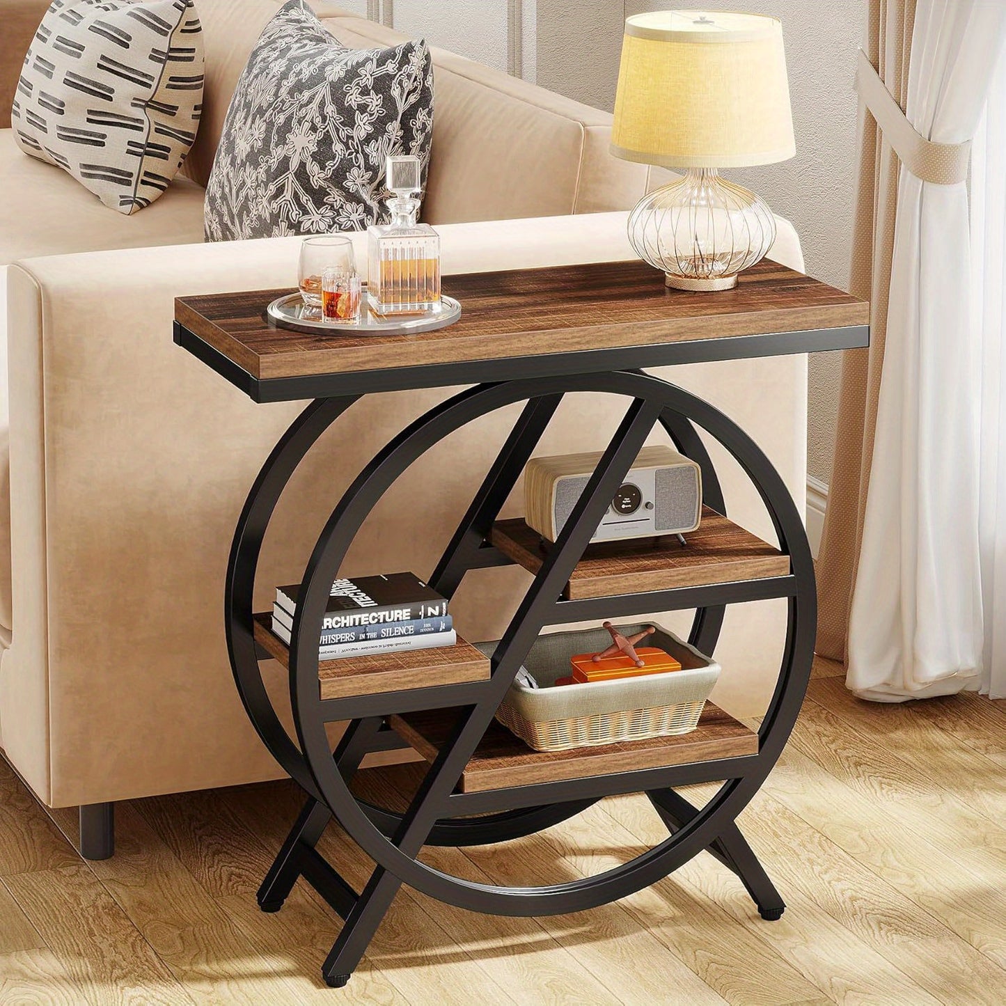 End Table for Reception room, 3-Tier Narrow Side Table with Storage, Wood Sofa Side Table with Geometric Metal Frame, Industrial Nightstand and Bedside Table for Bedroom