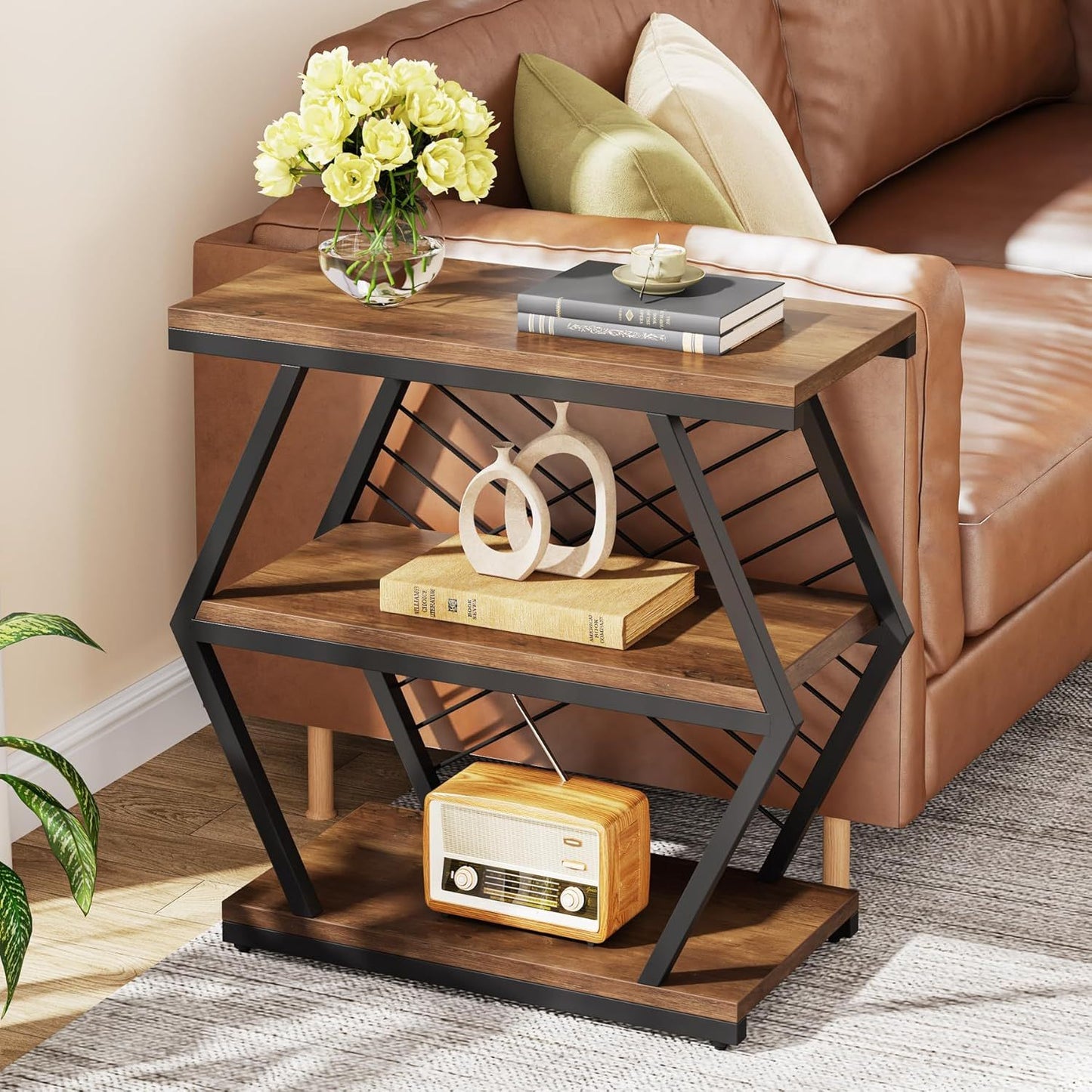 End Table, Industrial Side Table with 3 Storage Shelves, Wood Sofa Side Table with Geometric Metal Frame, Bedside Table for Living Room, Bedroom (1PC, Retro Brown)