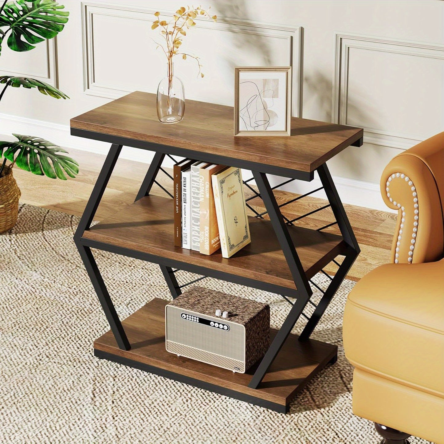 End Table, Industrial Side Table with 3 Storage Shelves, Wood Sofa Side Table with Geometric Metal Frame, Bedside Table for Living Room, Bedroom (1PC, Retro Brown)