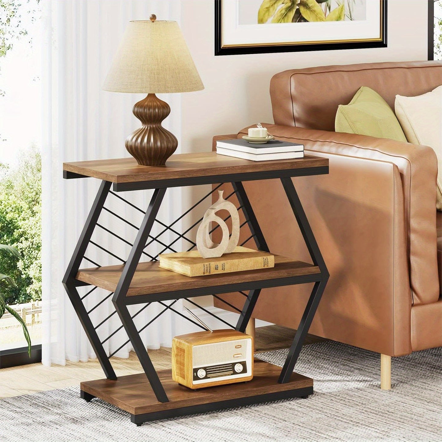 End Table, Industrial Side Table with 3 Storage Shelves, Wood Sofa Side Table with Geometric Metal Frame, Bedside Table for Living Room, Bedroom (1PC, Retro Brown)