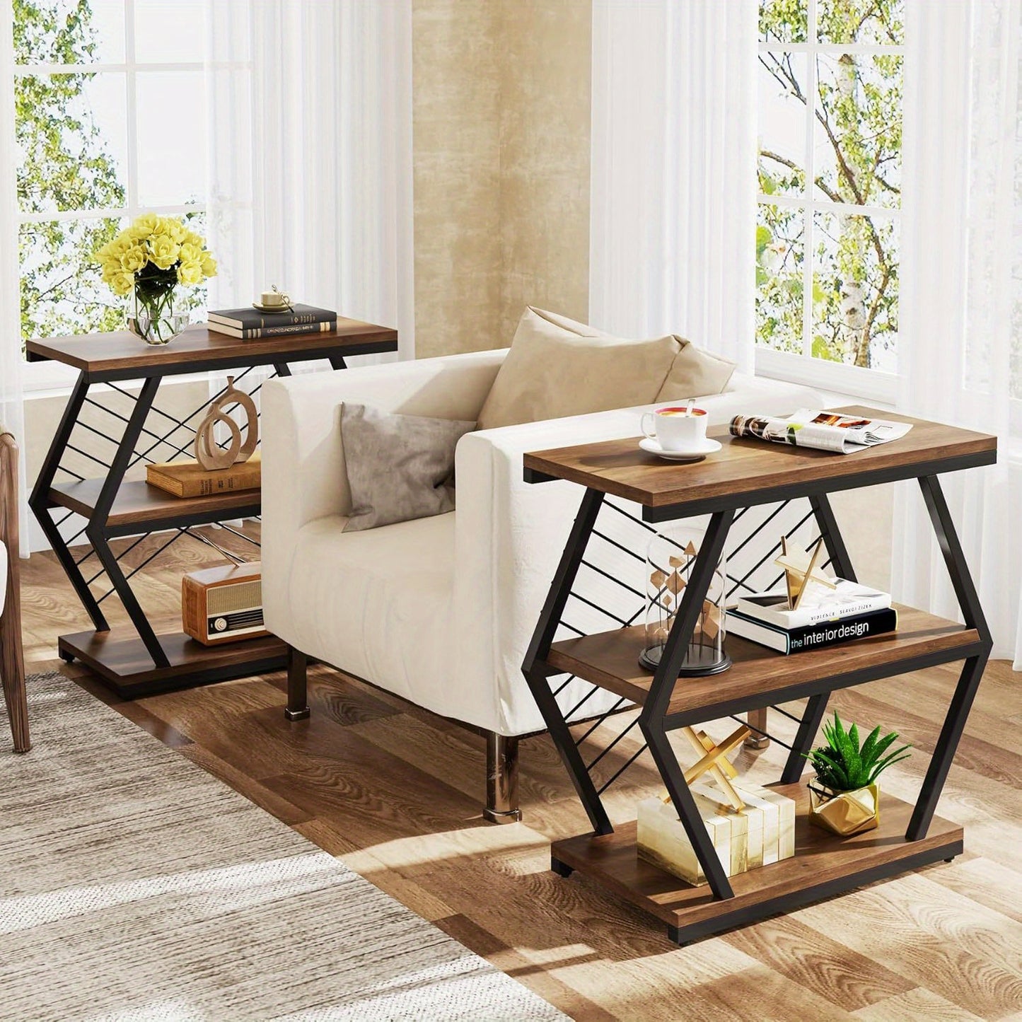 End Table, Industrial Side Table with 3 Storage Shelves, Wood Sofa Side Table with Geometric Metal Frame, Bedside Table for Living Room, Bedroom (1PC, Retro Brown)