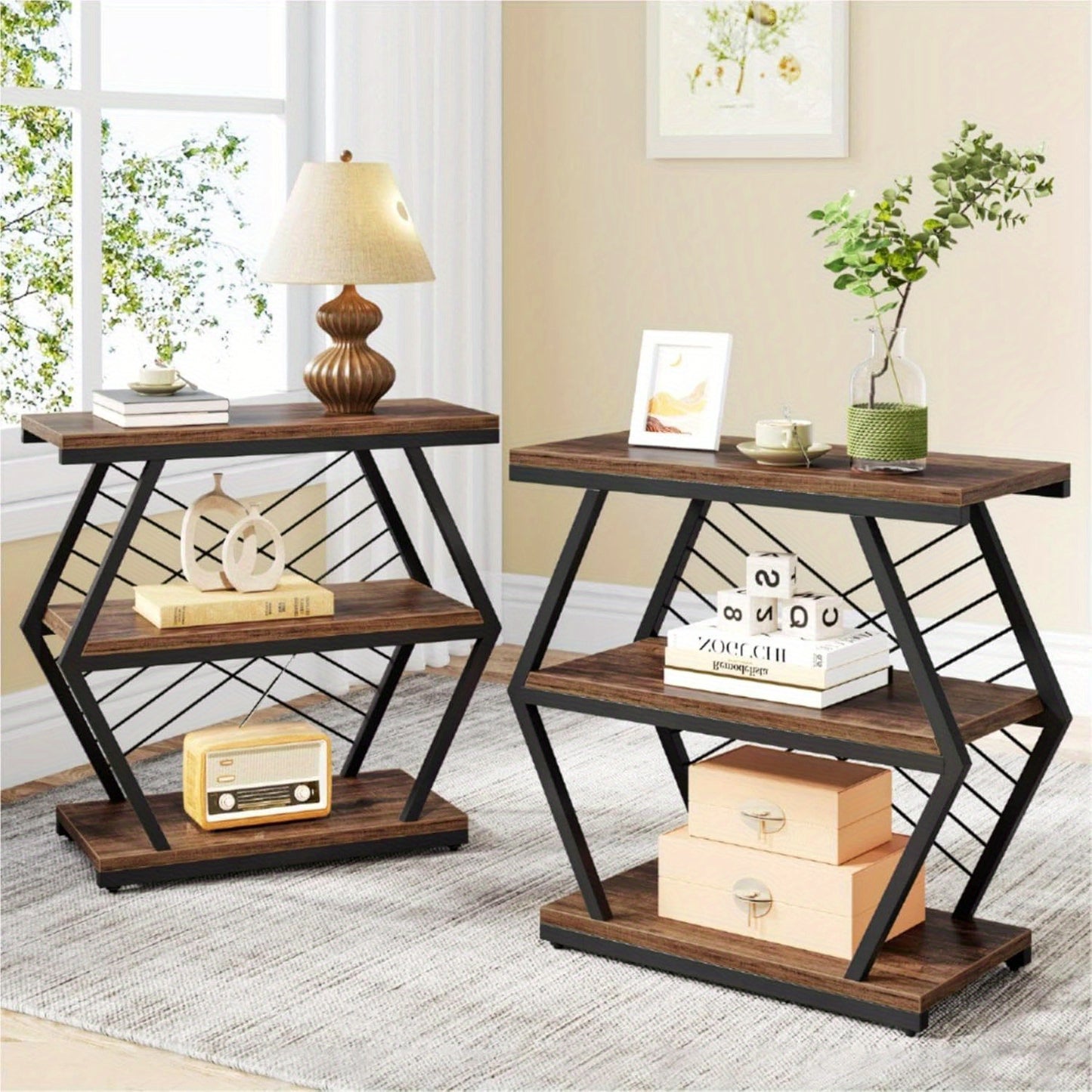 End Table, Industrial Side Table with 3 Storage Shelves, Wood Sofa Side Table with Geometric Metal Frame, Bedside Table for Living Room, Bedroom (1PC, Retro Brown)