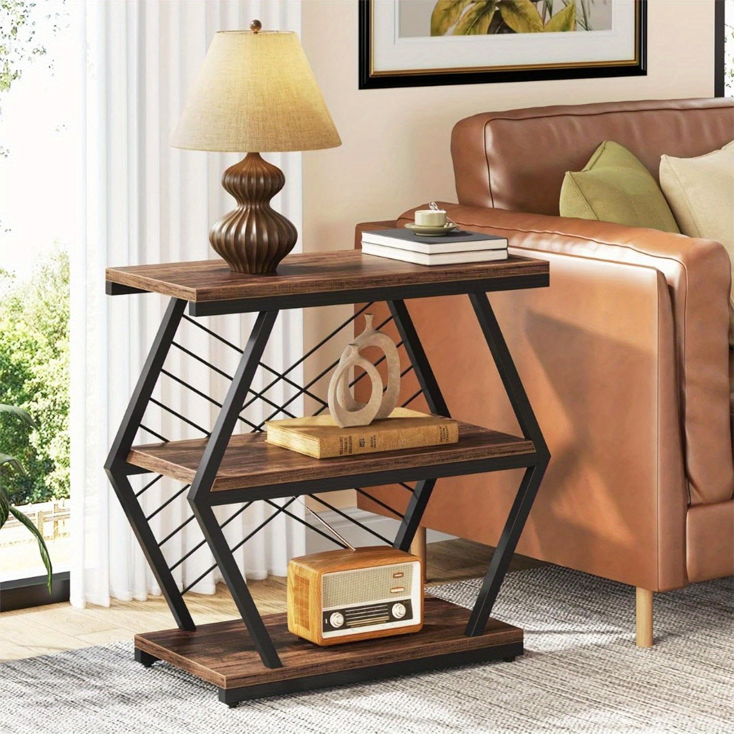 End Table, Industrial Side Table with 3 Storage Shelves, Wood Sofa Side Table with Geometric Metal Frame, Bedside Table for Living Room, Bedroom (1PC, Retro Brown)