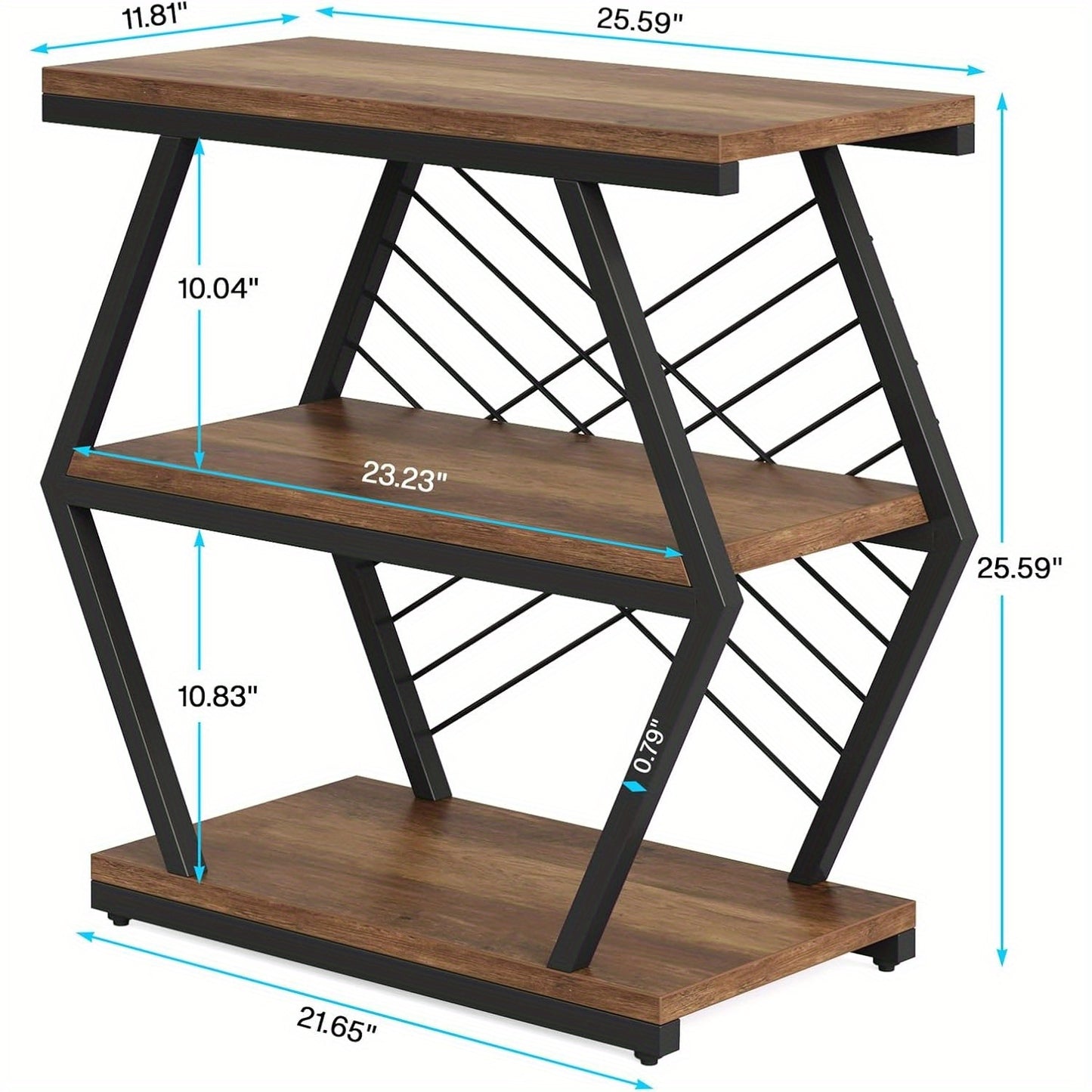 End Table, Industrial Side Table with 3 Storage Shelves, Wood Sofa Side Table with Geometric Metal Frame, Bedside Table for Living Room, Bedroom (1PC, Retro Brown)