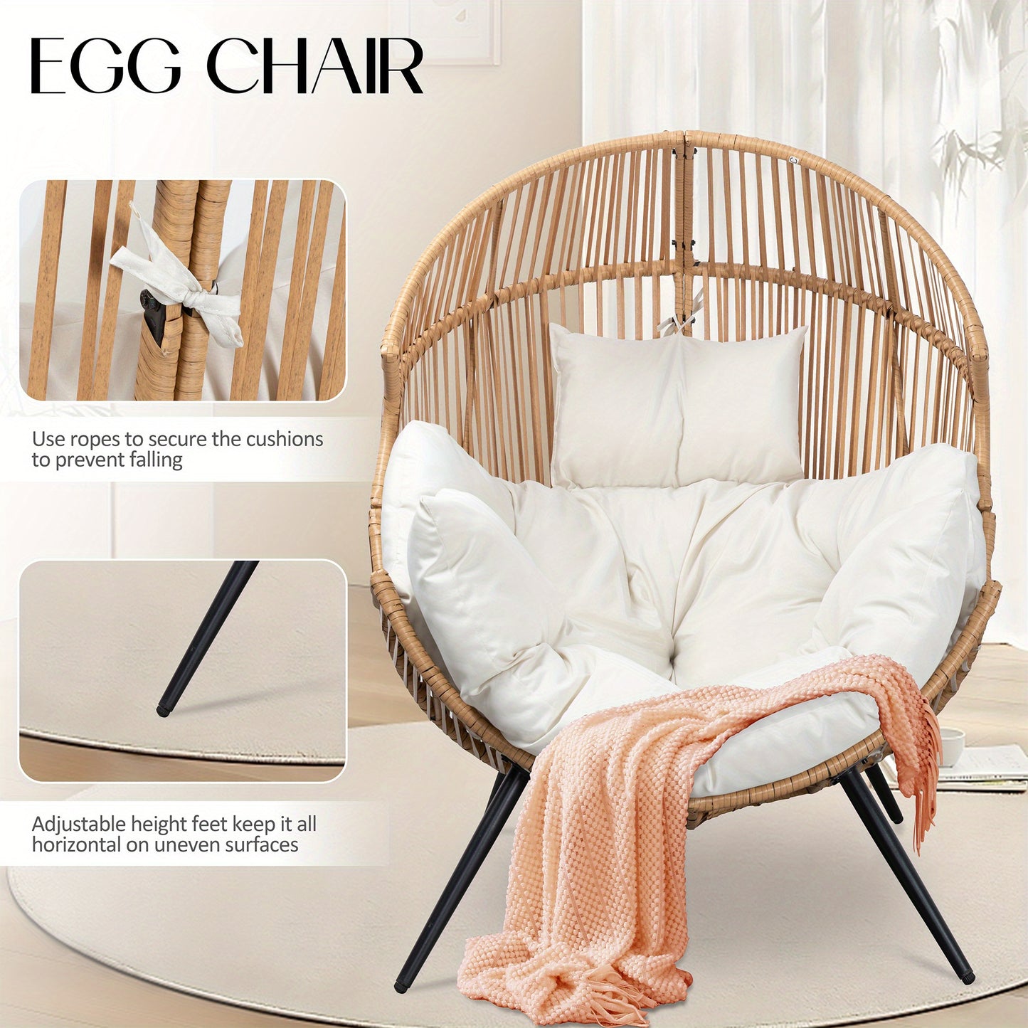 Wicker Rocking Egg Chair, Outdoor Patio Rocking Chair with Thick Cushion, Capacity, Anti-Slip, All-Weather Resilient Egg Lounger Chair for Indoor & Outdoor