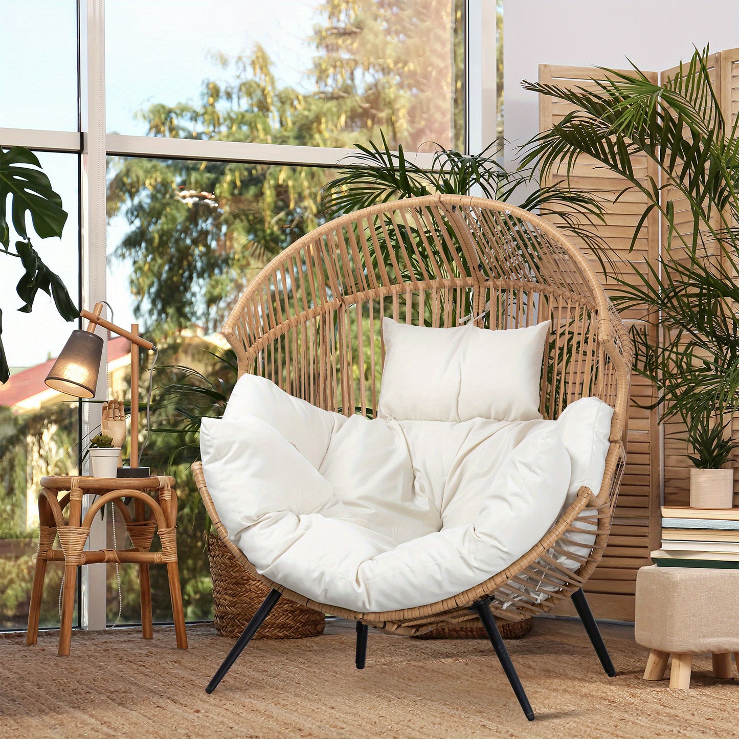 Wicker Rocking Egg Chair, Outdoor Patio Rocking Chair with Thick Cushion, Capacity, Anti-Slip, All-Weather Resilient Egg Lounger Chair for Indoor & Outdoor