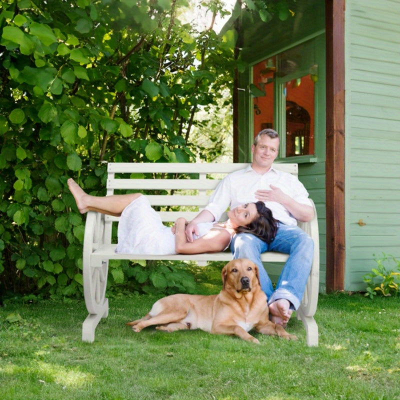 Rustic 2-Person Wooden Wagon Wheel Bench with Slatted Seat and Backrest, White