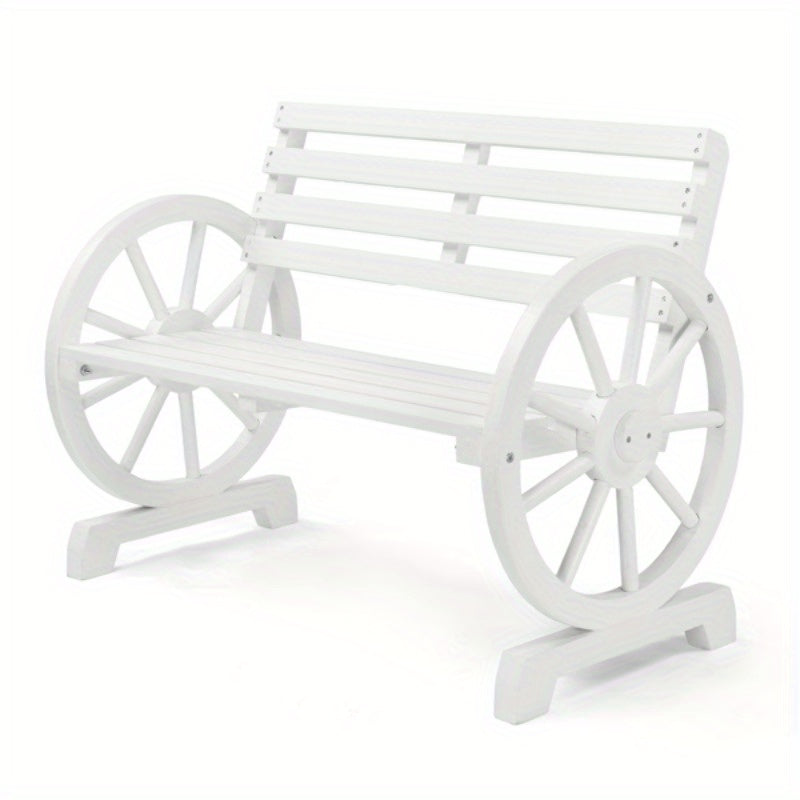 Rustic 2-Person Wooden Wagon Wheel Bench with Slatted Seat and Backrest, White