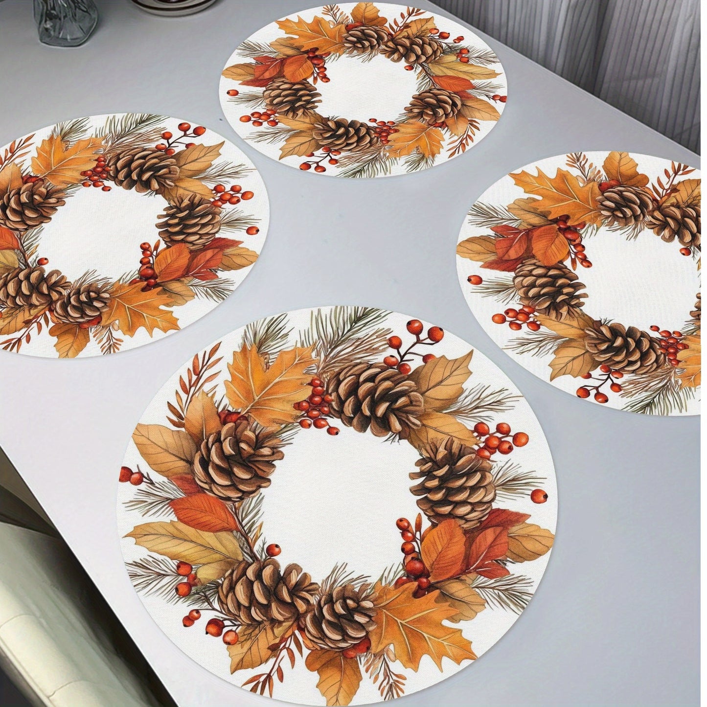 Thanksgiving Fall Harvest 4pcs Round Table Hand Holiday Only 15 Decor Seasonal Perfect - Autumn Pine Detail & Maple Leaf Garland, Non-Slip, Thermal Resistant Polyester Table Linens, Ideal for Thanksgiving Festive Decoration