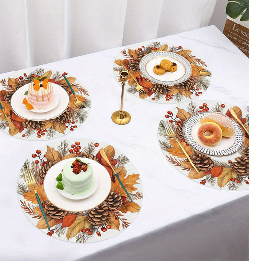 Thanksgiving Fall Harvest 4pcs Round Table Hand Holiday Only 15 Decor Seasonal Perfect - Autumn Pine Detail & Maple Leaf Garland, Non-Slip, Thermal Resistant Polyester Table Linens, Ideal for Thanksgiving Festive Decoration