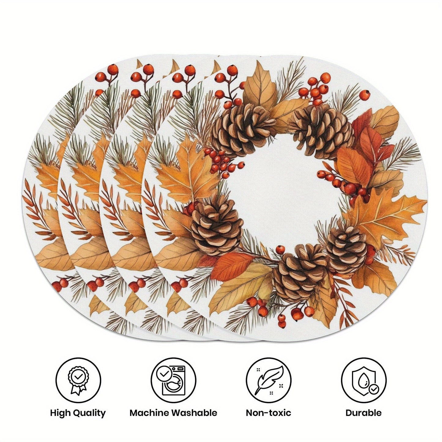 Thanksgiving Fall Harvest 4pcs Round Table Hand Holiday Only 15 Decor Seasonal Perfect - Autumn Pine Detail & Maple Leaf Garland, Non-Slip, Thermal Resistant Polyester Table Linens, Ideal for Thanksgiving Festive Decoration