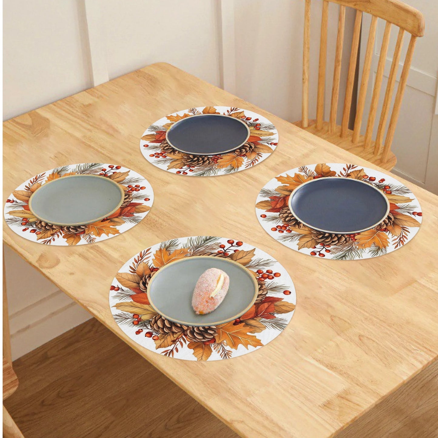 Thanksgiving Fall Harvest 4pcs Round Table Hand Holiday Only 15 Decor Seasonal Perfect - Autumn Pine Detail & Maple Leaf Garland, Non-Slip, Thermal Resistant Polyester Table Linens, Ideal for Thanksgiving Festive Decoration