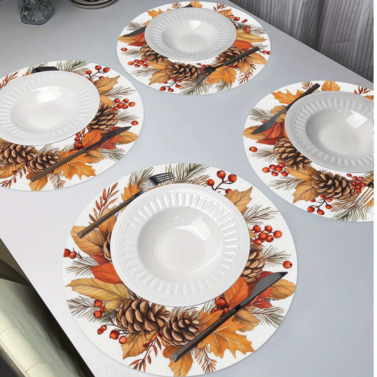 Thanksgiving Fall Harvest 4pcs Round Table Hand Holiday Only 15 Decor Seasonal Perfect - Autumn Pine Detail & Maple Leaf Garland, Non-Slip, Thermal Resistant Polyester Table Linens, Ideal for Thanksgiving Festive Decoration