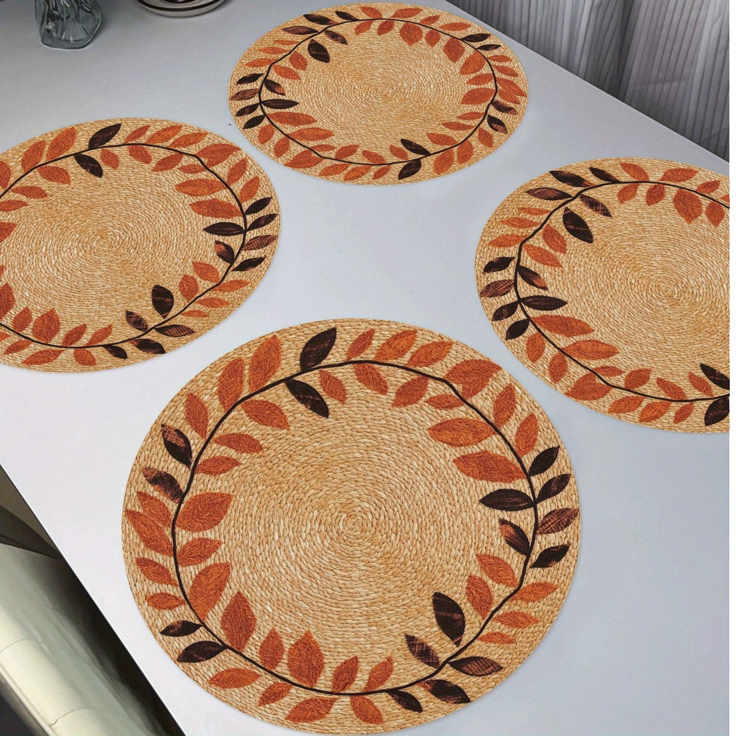 4-Pack Autumn Leaves Round Placemats - Polyester Knit Fabric Table Mats, Non-Slip, Hand Washable, Heat Resistant 15" for Dining, Kitchen Decor, Thanksgiving Party