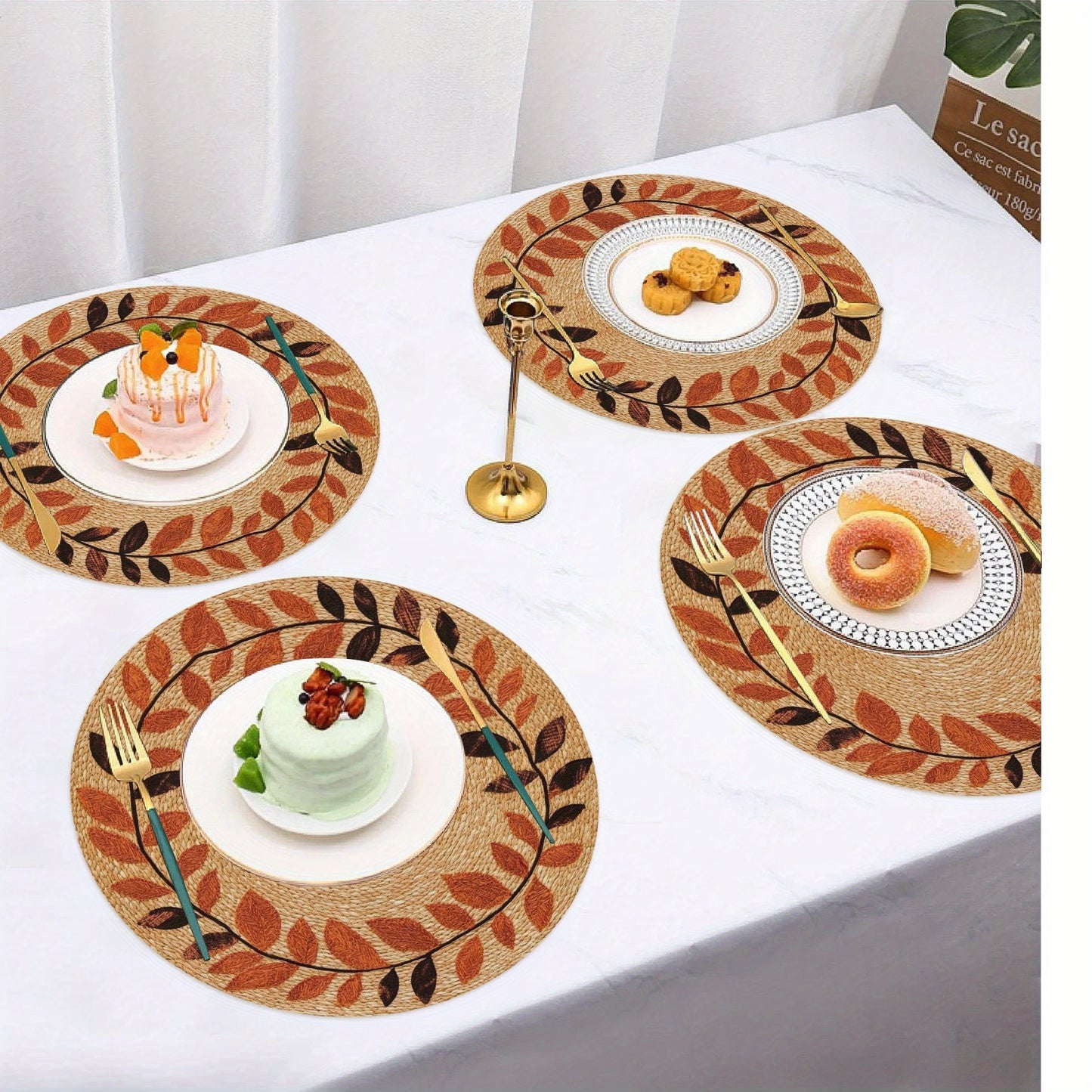 4-Pack Autumn Leaves Round Placemats - Polyester Knit Fabric Table Mats, Non-Slip, Hand Washable, Heat Resistant 15" for Dining, Kitchen Decor, Thanksgiving Party