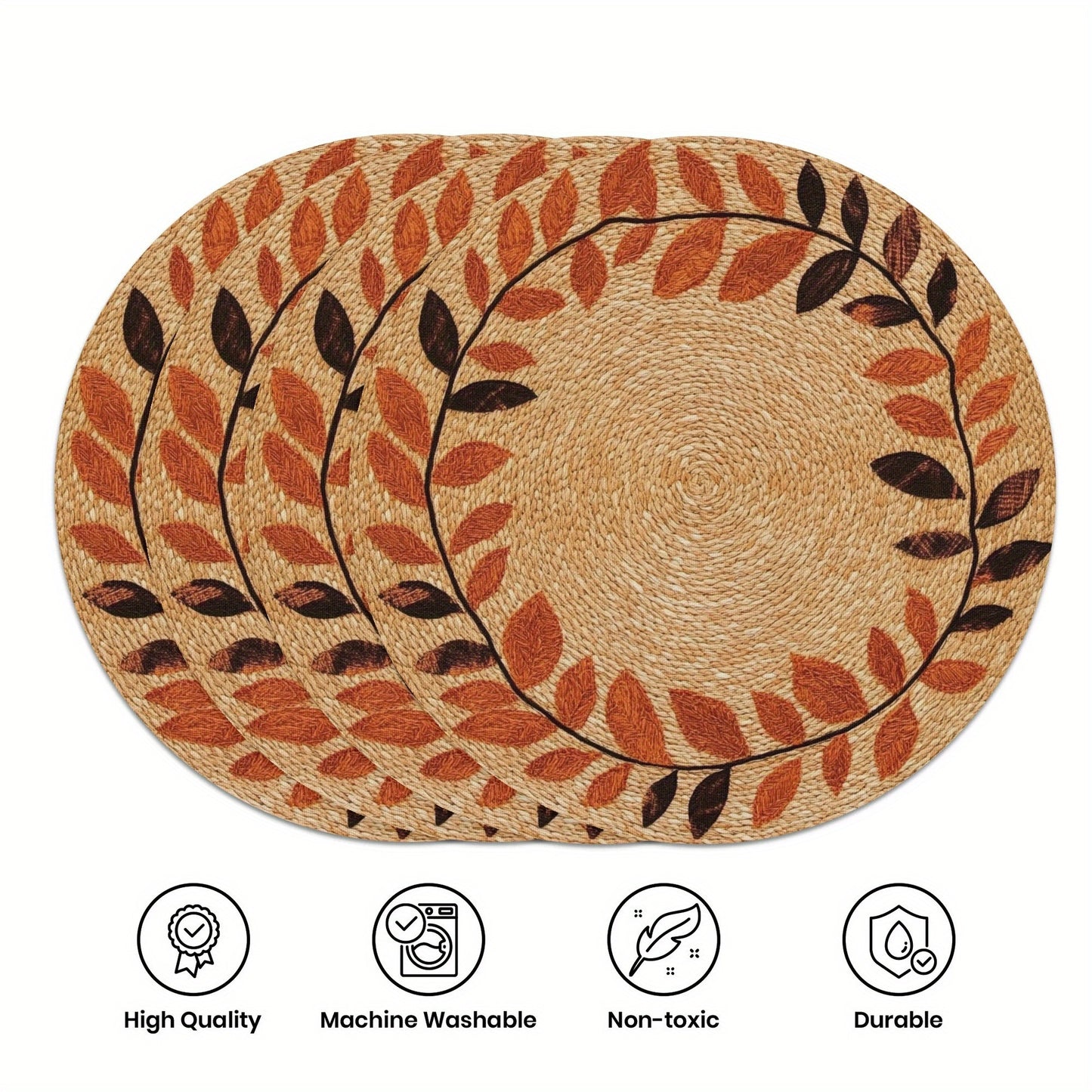 4-Pack Autumn Leaves Round Placemats - Polyester Knit Fabric Table Mats, Non-Slip, Hand Washable, Heat Resistant 15" for Dining, Kitchen Decor, Thanksgiving Party