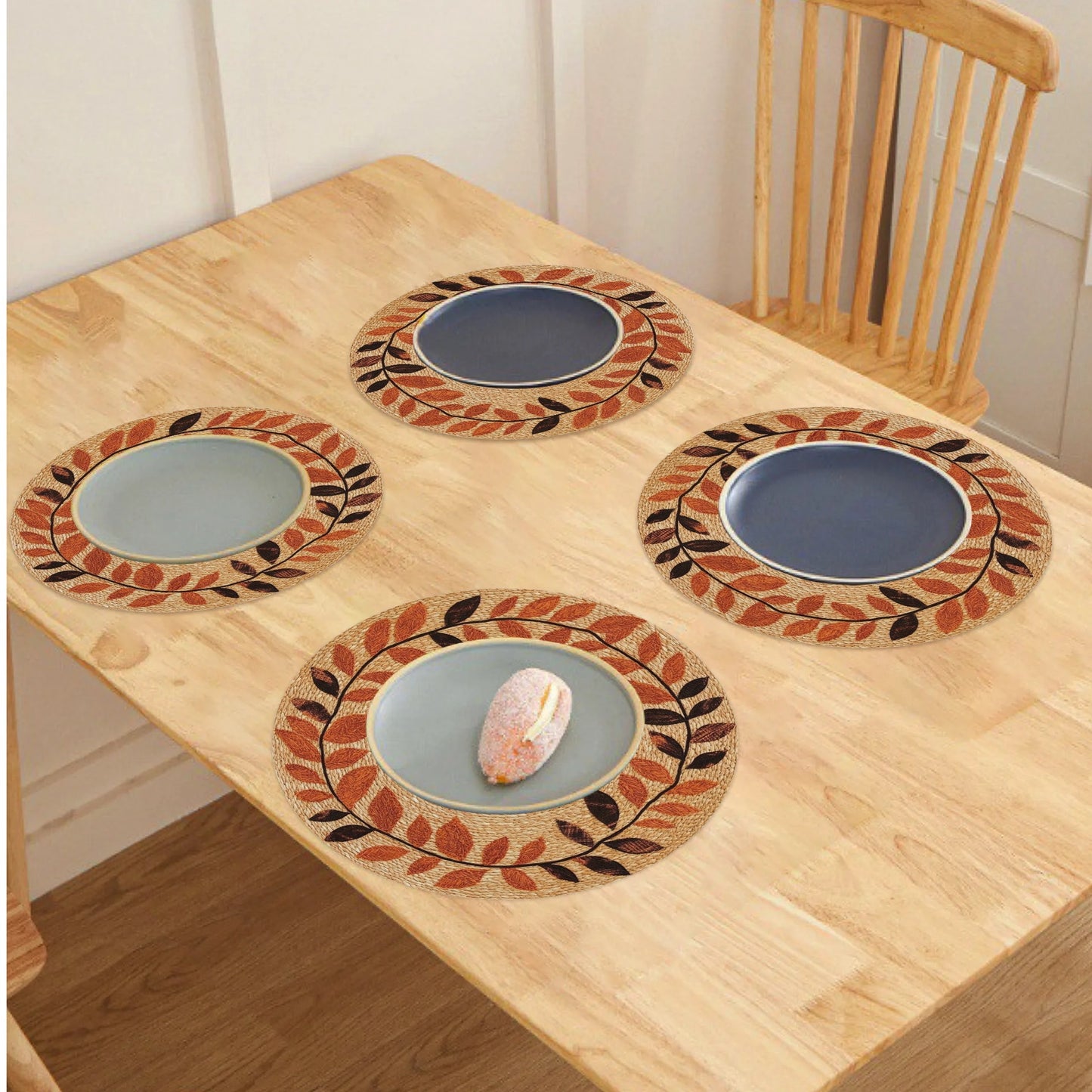 4-Pack Autumn Leaves Round Placemats - Polyester Knit Fabric Table Mats, Non-Slip, Hand Washable, Heat Resistant 15" for Dining, Kitchen Decor, Thanksgiving Party